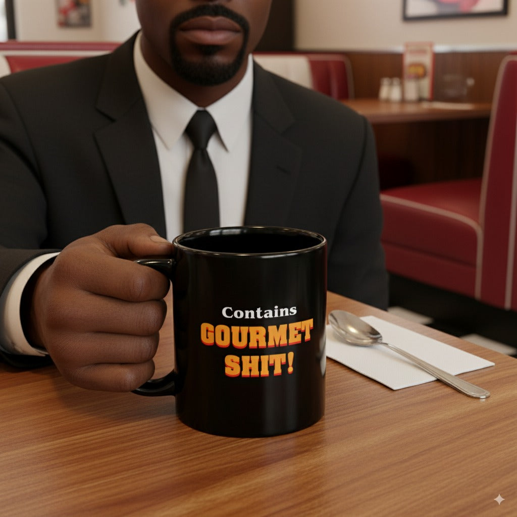 Contains Gourmet Shit! - Black Glossy Mug