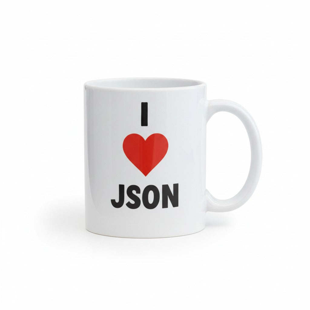 White mug with 'I ❤️ JASON' text on a white background