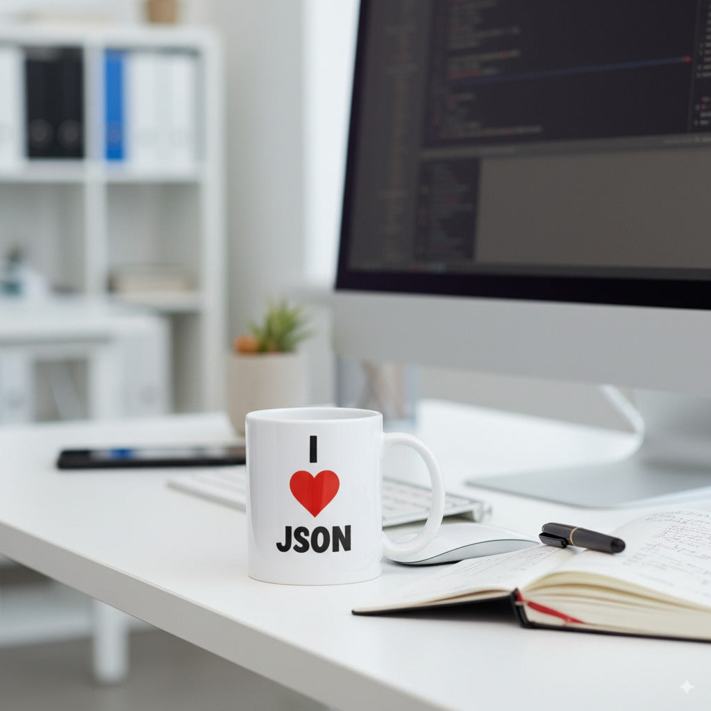 White mug with 'I ❤️ JSON' on a desk with a computer and notebook.