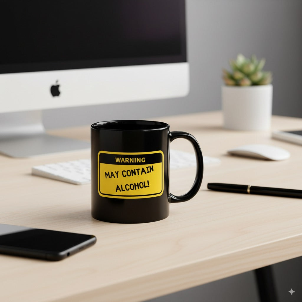 Black mug with a yellow warning label on a desk next to a computer monitor.
