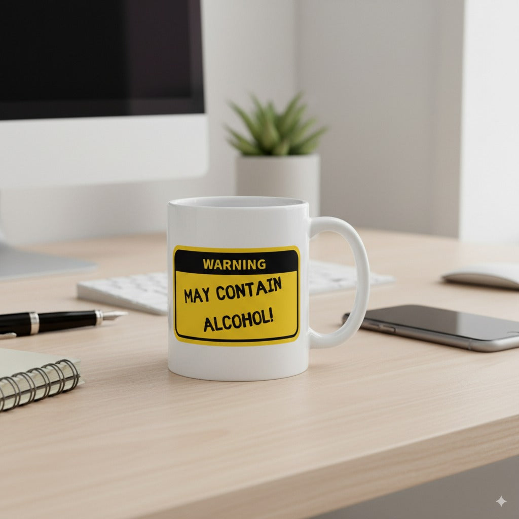 Mug with 'May Contain Alcohol' warning label on a desk