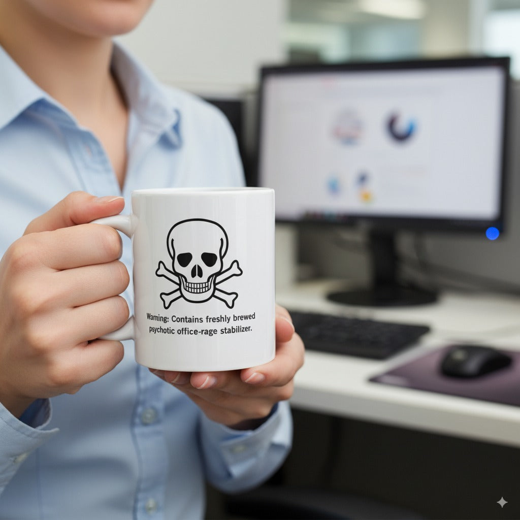 Warning: Contains freshly brewed psychotic office-rage stabilizer. - White Glossy Coffee Mug