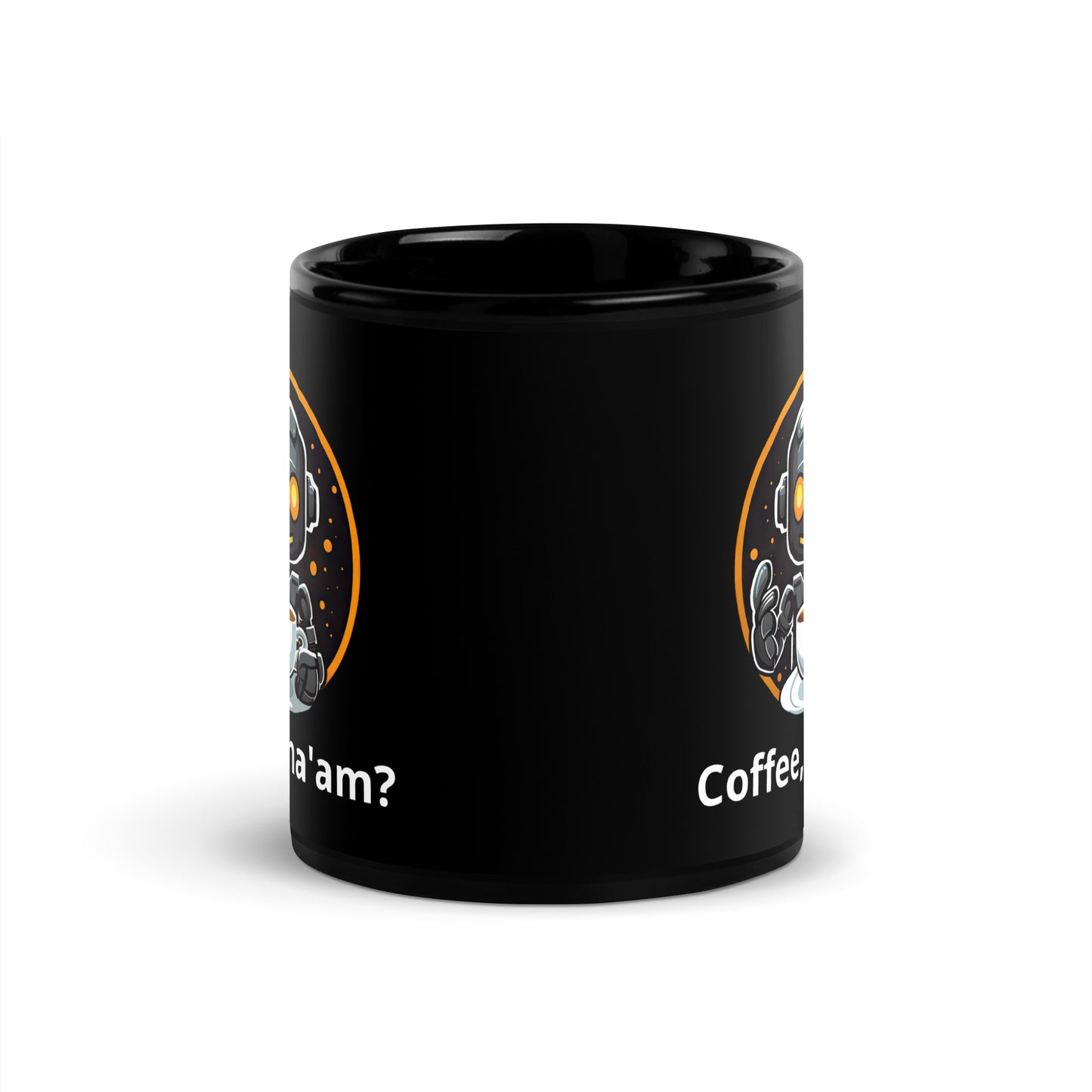 Black 11oz robot themed coffee mug featuring a robot barista design with the slogan “Coffee, ma’am?”