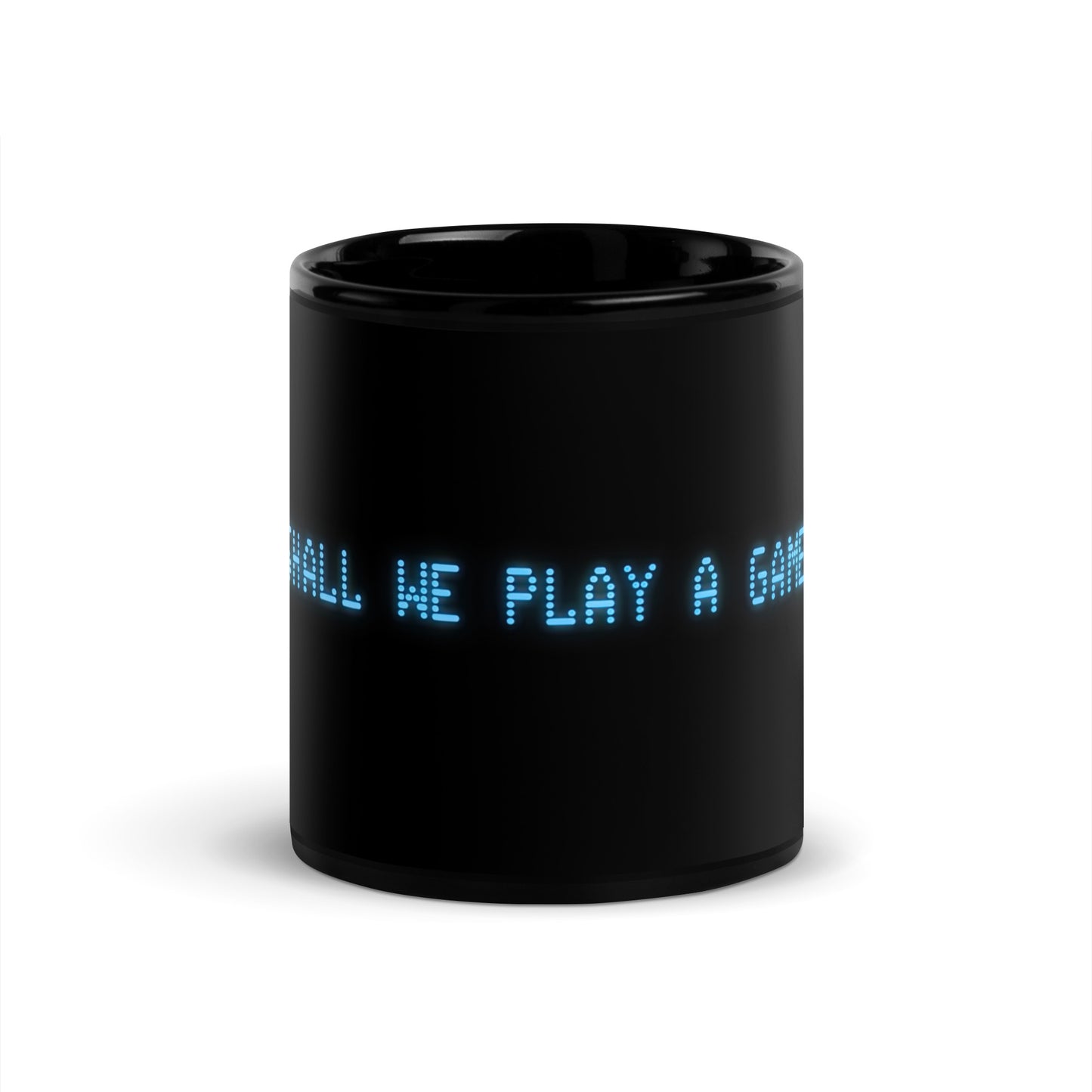 Black 11oz retro coffee mug with the slogan from the 80s movie Wargames, ‘Shall we play a game?’