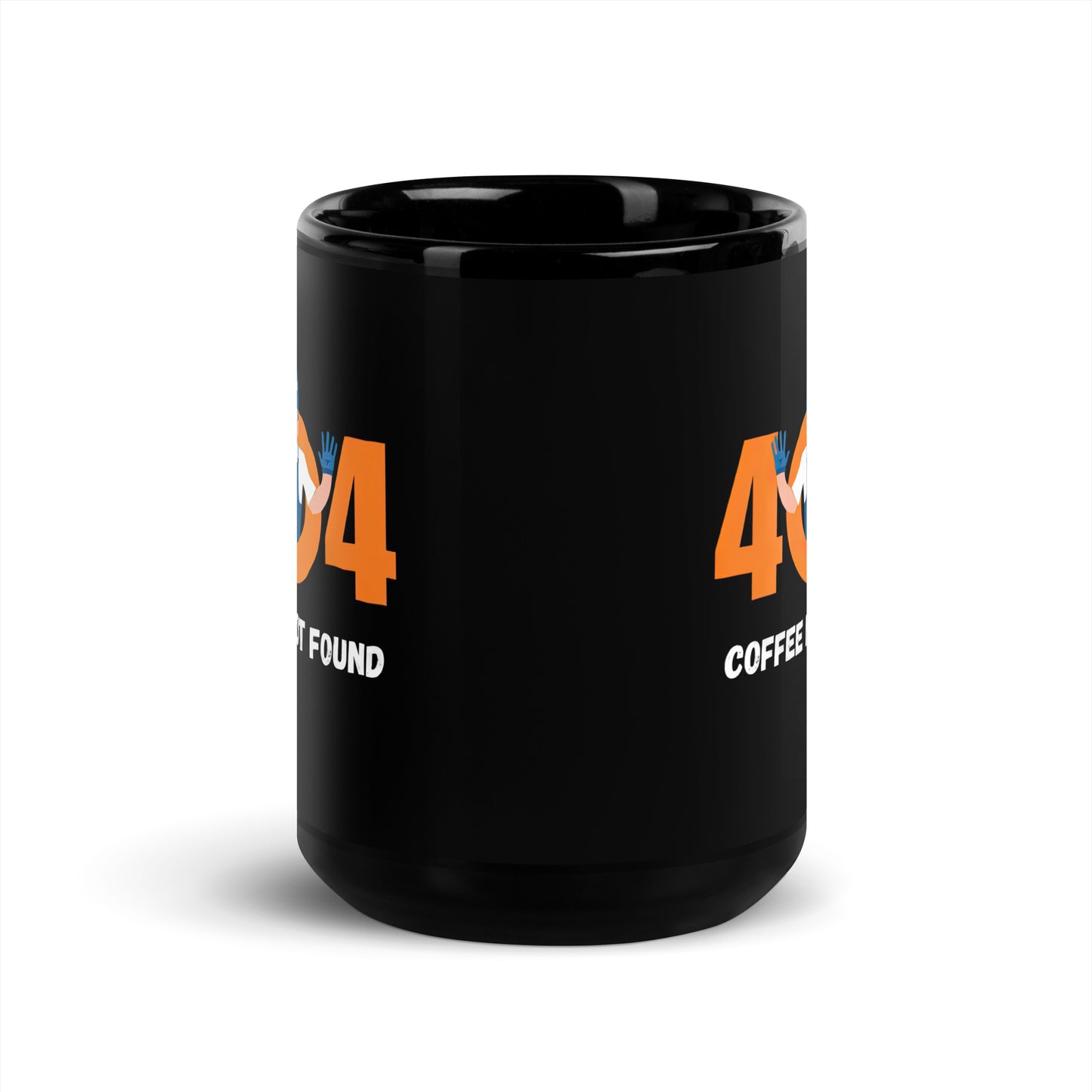 Black 15oz tech humor coffee mug featuring slogan “404 Coffee Not Found”. Centre of mug.