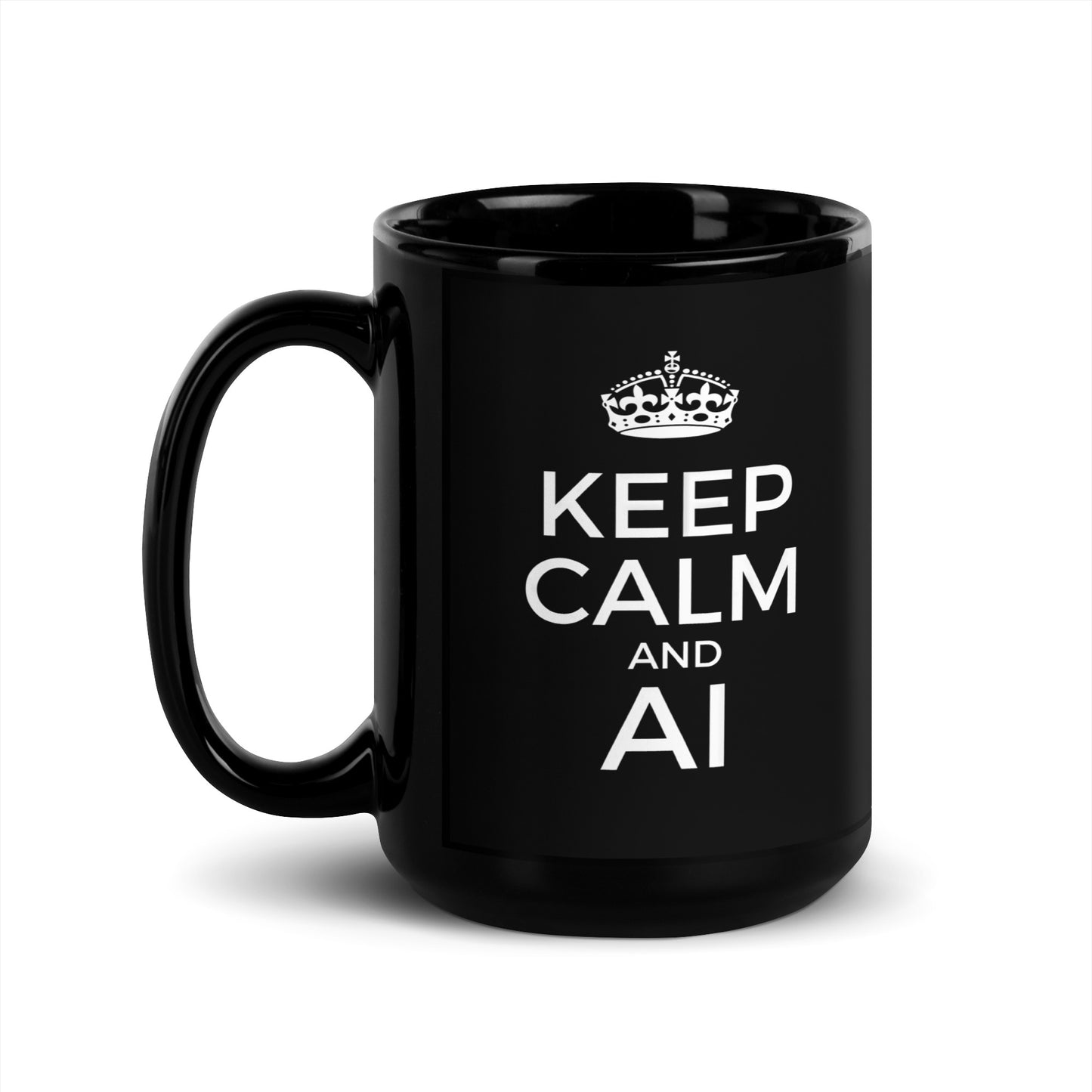 Black 15oz tech humor coffee mug with a vintage Keep Calm design that reads ‘Keep Calm and AI’ with handle on the left.