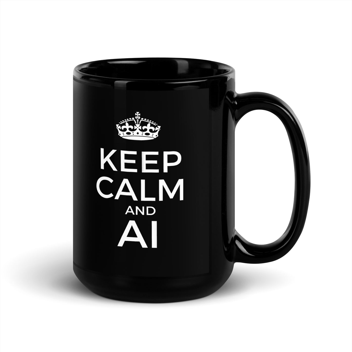 Black 15oz tech humor coffee mug with a vintage Keep Calm design that reads ‘Keep Calm and AI’ with handle on the right.