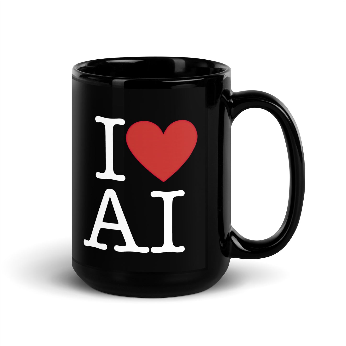 Black 15oz AI themed coffee mug with an I Love NY type slogan ‘I Love AI’ with handle on right.