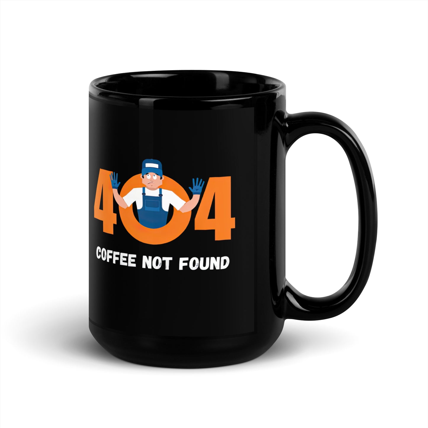 Black 15oz tech humor coffee mug featuring slogan “404 Coffee Not Found” with handle on the right.