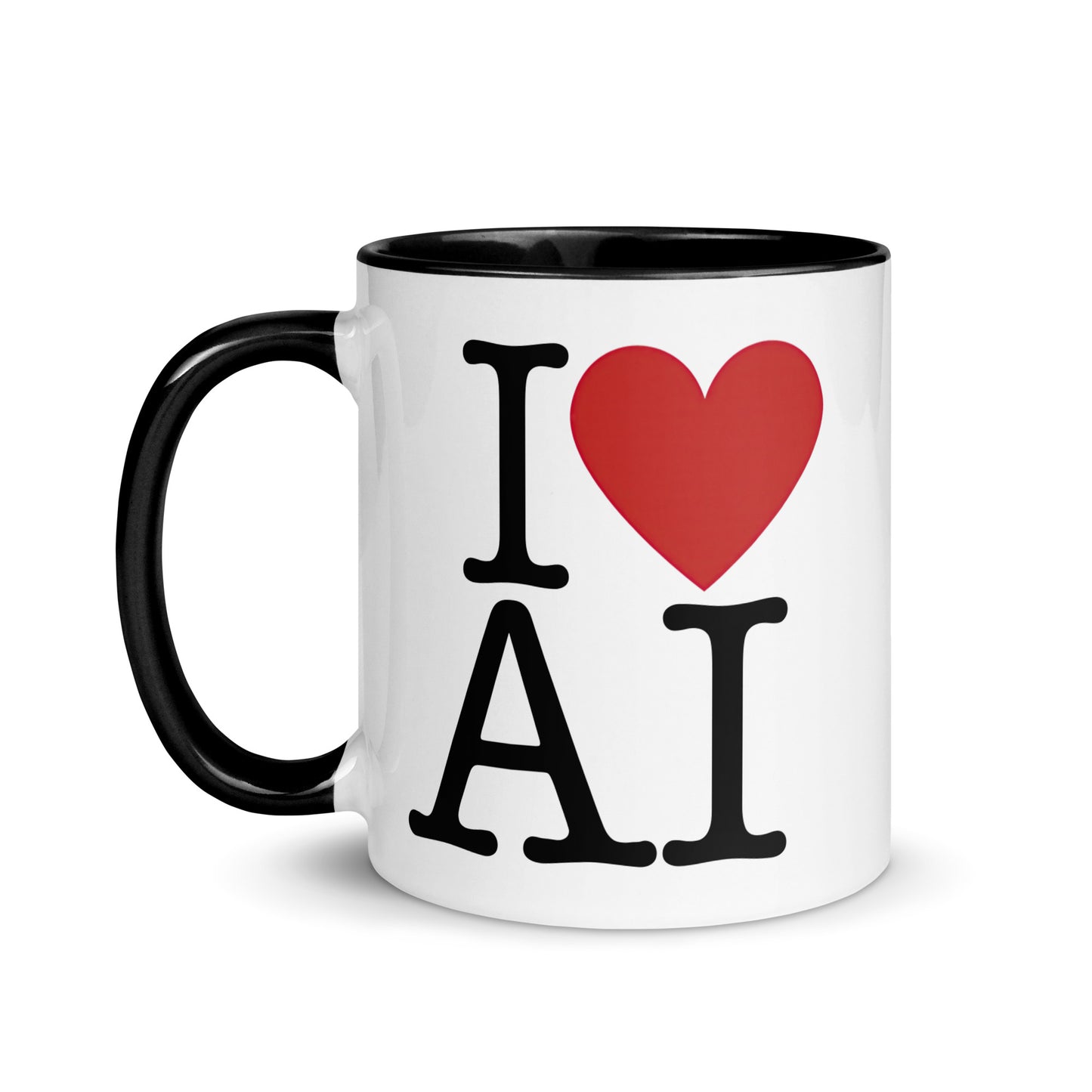 White with black color inside 11oz AI themed coffee mug with an I Love NY type slogan ‘I Love AI’ with handle on left.