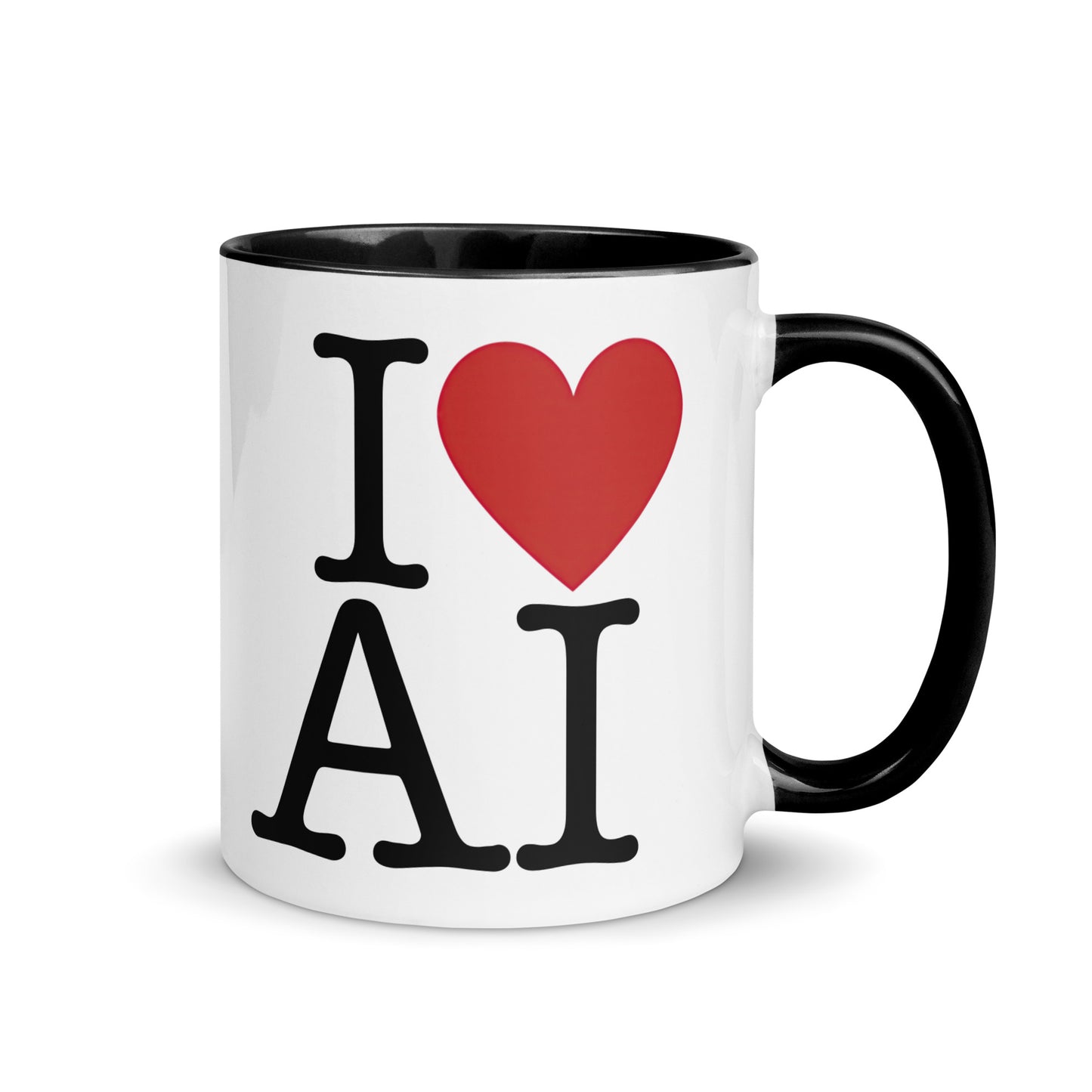 White with black color inside 11oz AI themed coffee mug with an I Love NY type slogan ‘I Love AI’ with handle on right.