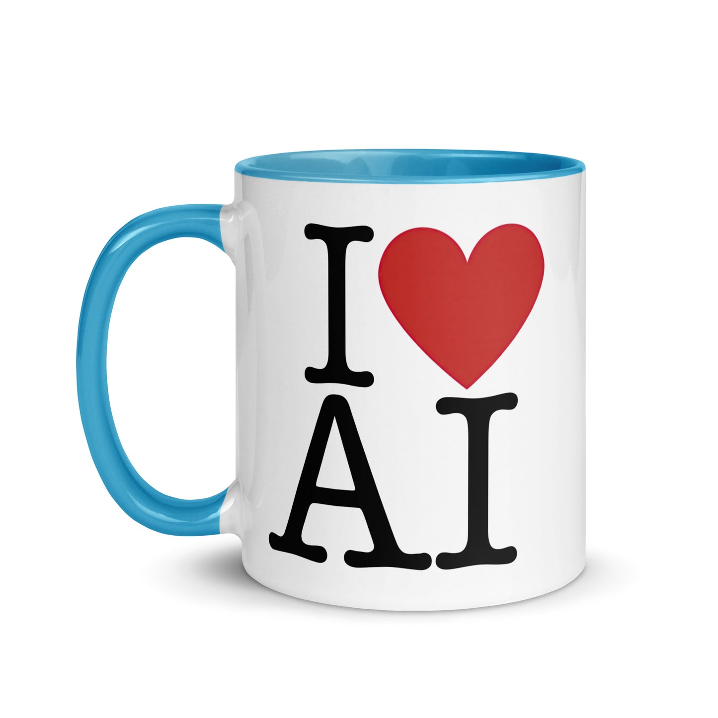 White with blue color inside 11oz AI themed coffee mug with an I Love NY type slogan ‘I Love AI’ with handle on left.