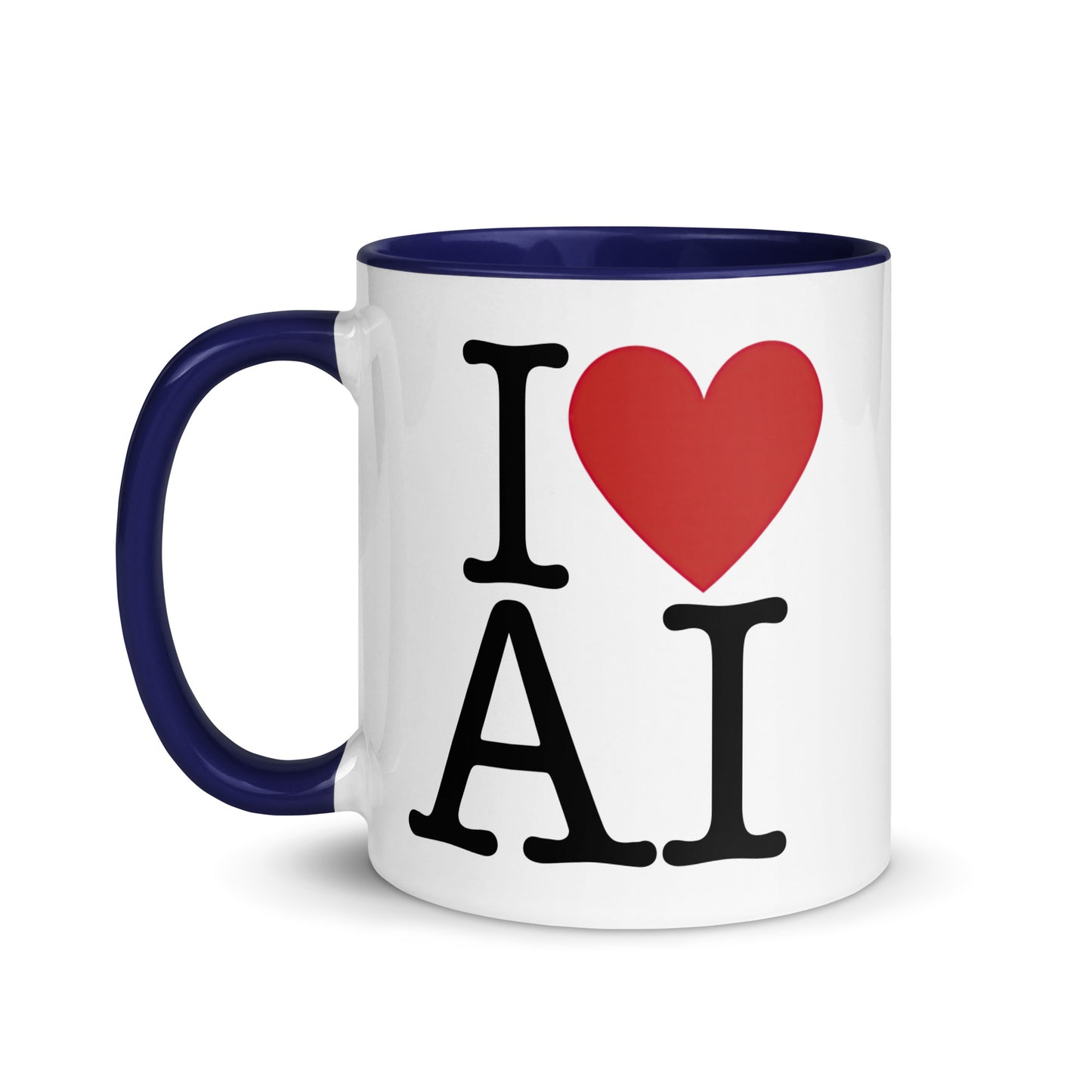 White with color inside 11oz AI themed coffee mug with an I Love NY type slogan ‘I Love AI’ with handle on left.