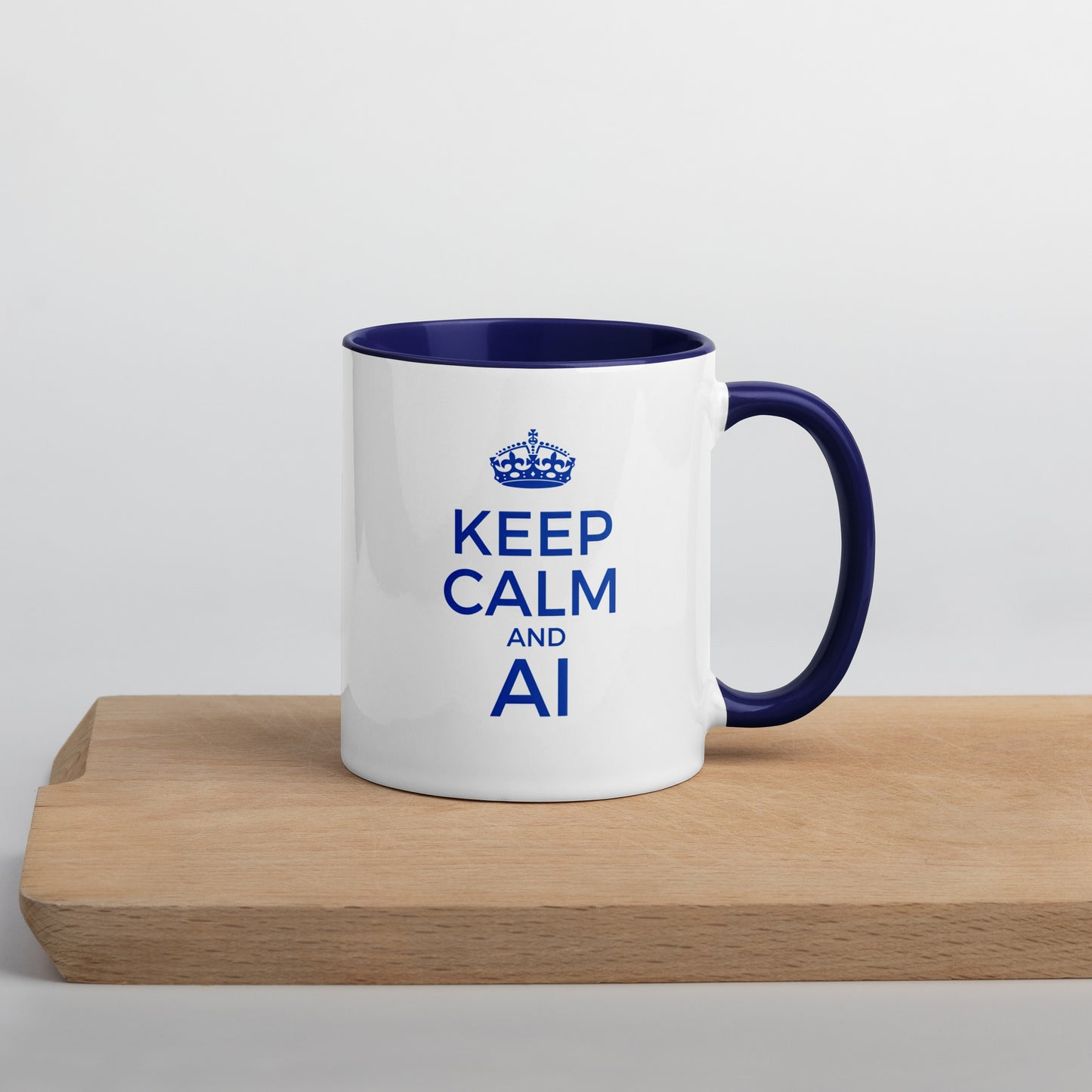 White with blue color inside 11oz tech humor coffee mug with a vintage Keep Calm design that reads ‘Keep Calm and AI'.