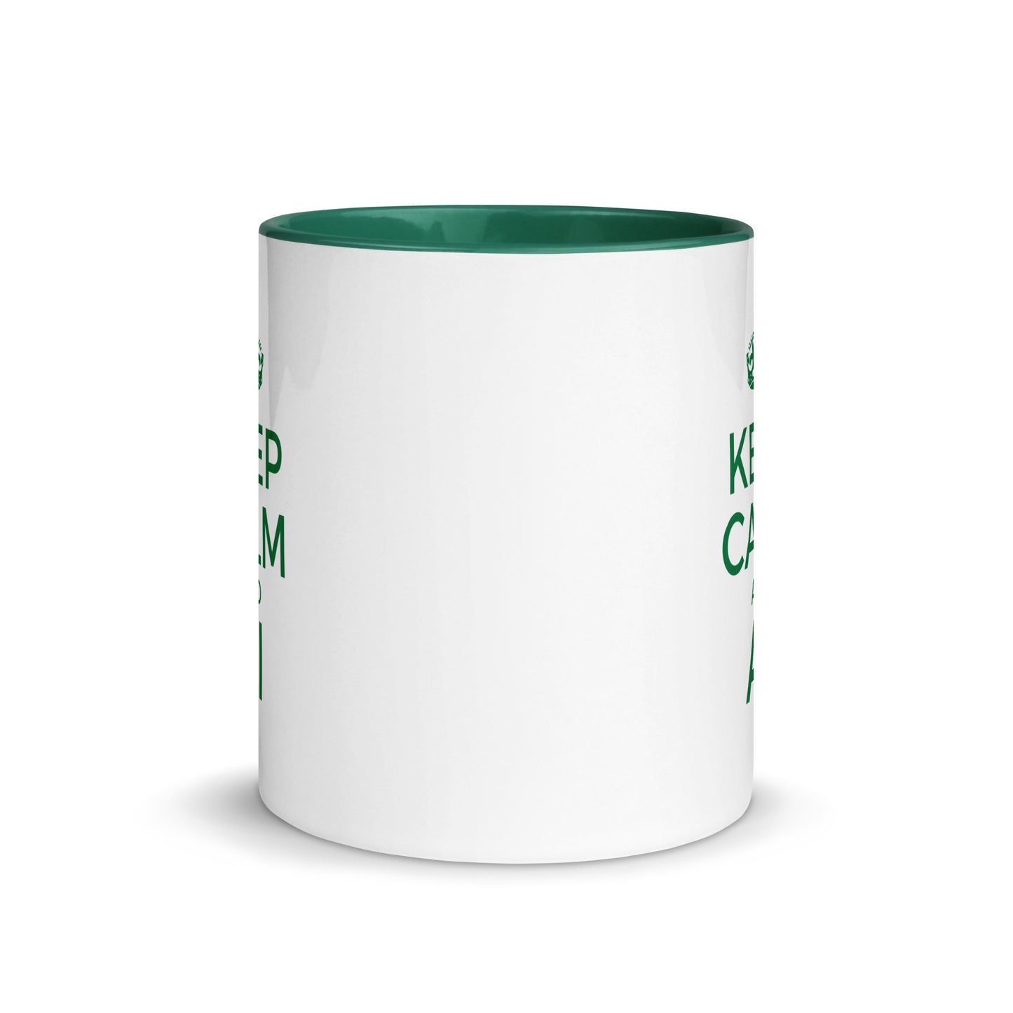 White with green color inside 11oz tech humor coffee mug with a vintage Keep Calm design that reads ‘Keep Calm and AI’.