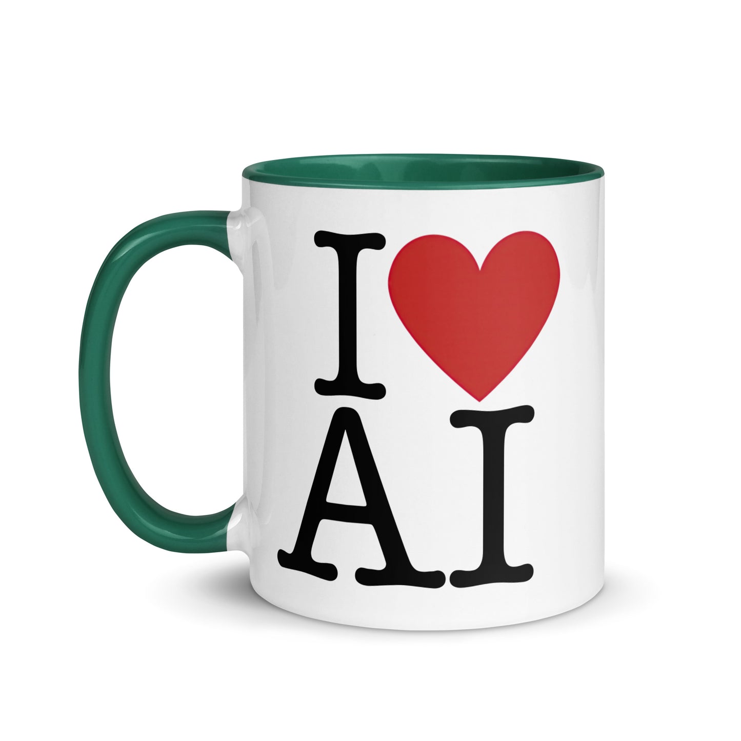 White with dark green color inside 11oz AI themed coffee mug with an I Love NY type slogan ‘I Love AI’ with handle on left.