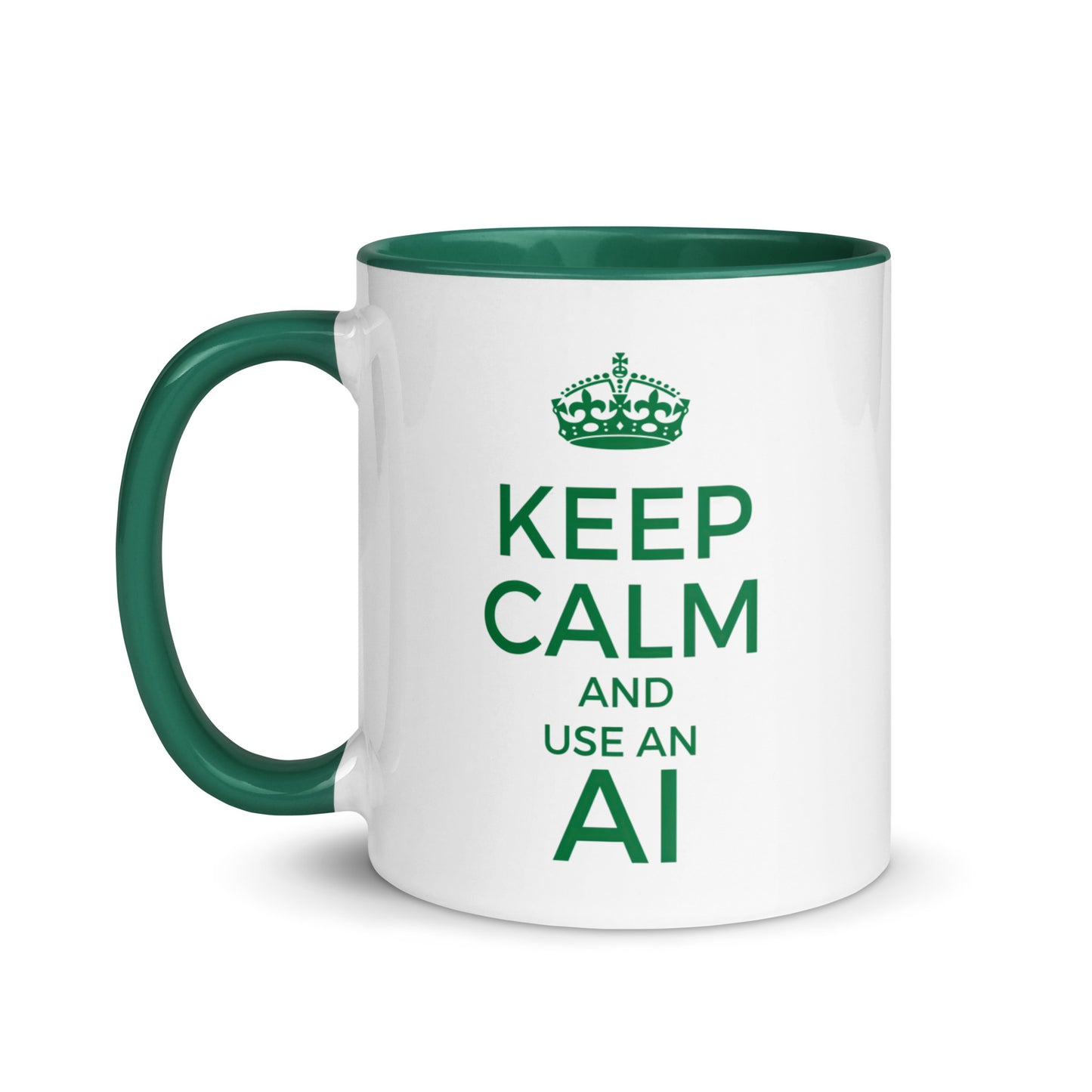 White with green color inside 11oz tech humor coffee mug with vintage Keep Calm design that reads ‘Keep Calm And Use An AI’.