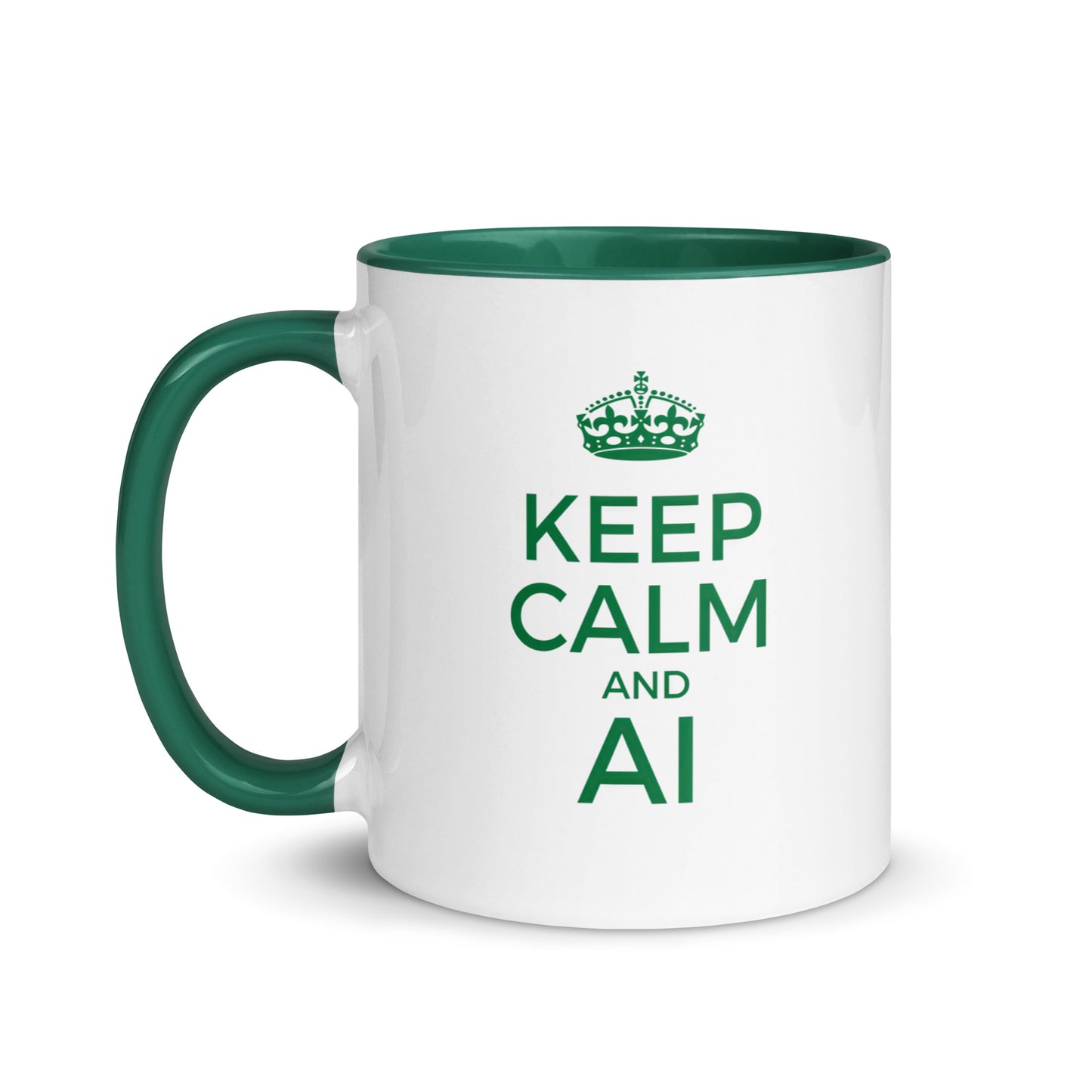 White with green color inside 11oz tech humor coffee mug with a vintage Keep Calm design that reads ‘Keep Calm and AI’.