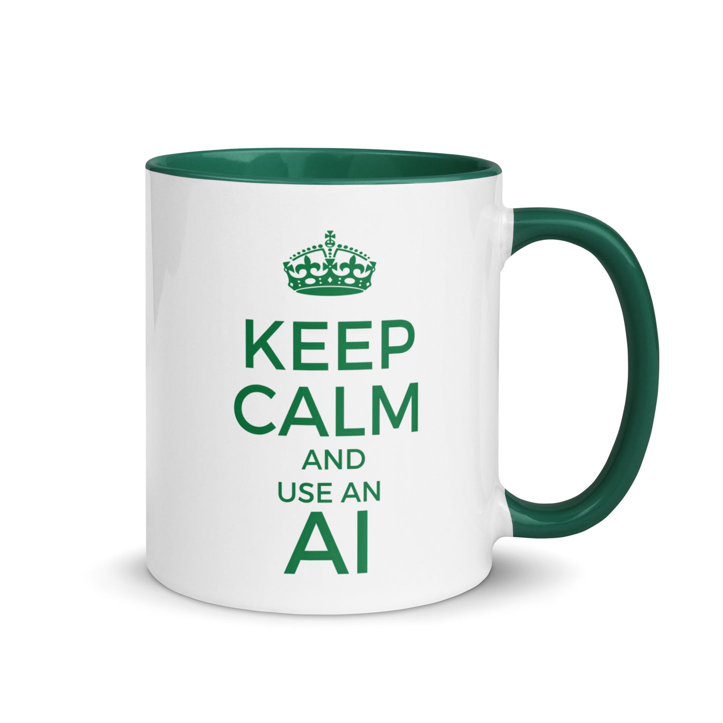 White with green color inside 11oz tech humor coffee mug with vintage Keep Calm design that reads ‘Keep Calm And Use An AI’.