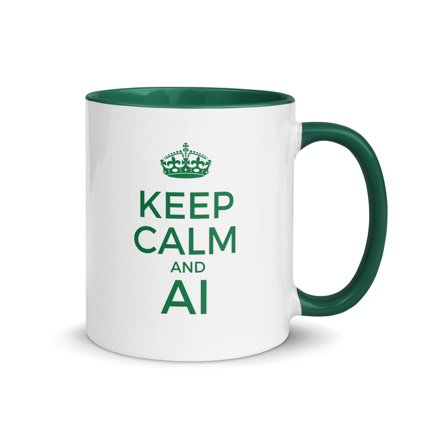 White with green color inside 11oz tech humor coffee mug with a vintage Keep Calm design that reads ‘Keep Calm and AI’.