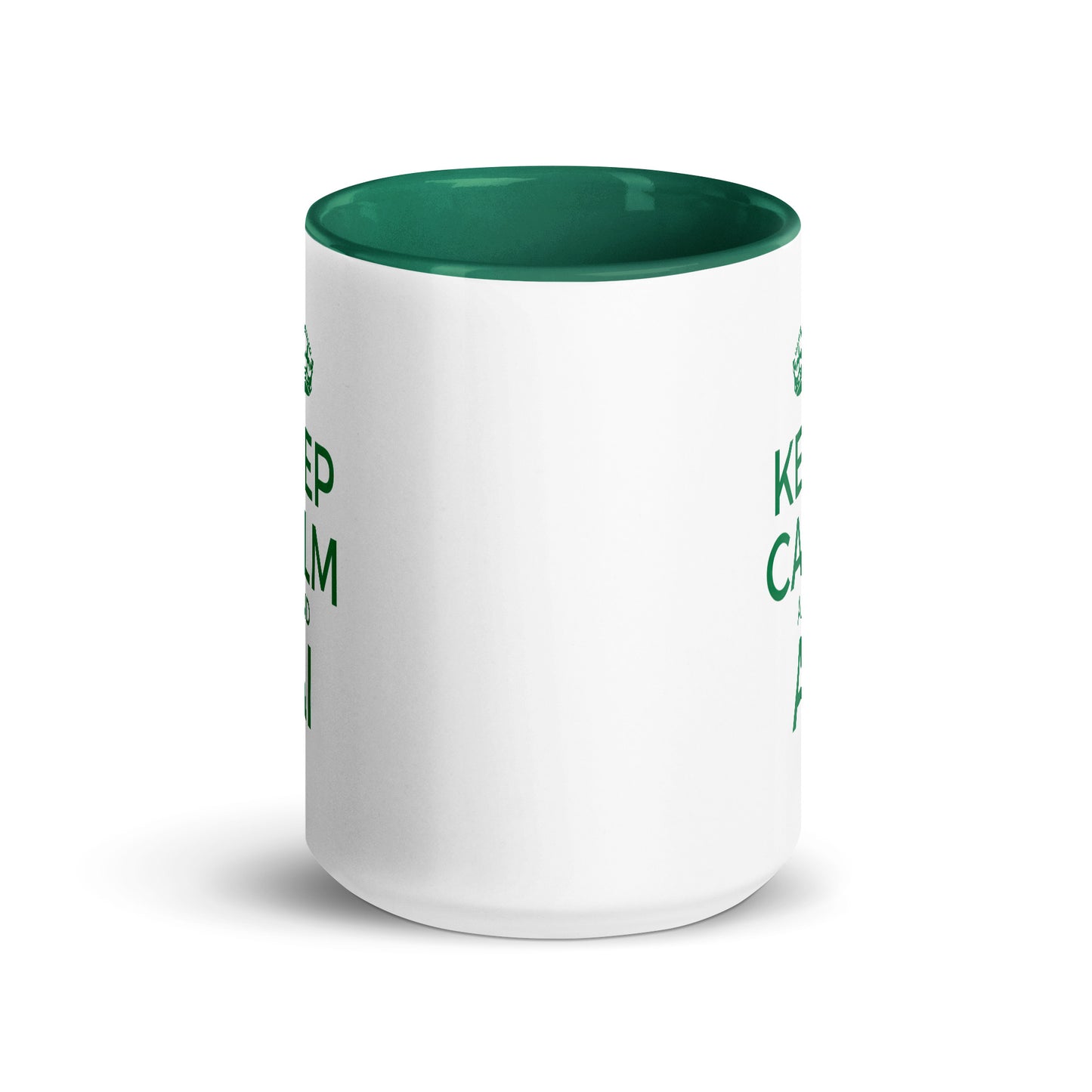White with green color inside 15oz tech humor coffee mug with a vintage Keep Calm design that reads ‘Keep Calm and AI’.