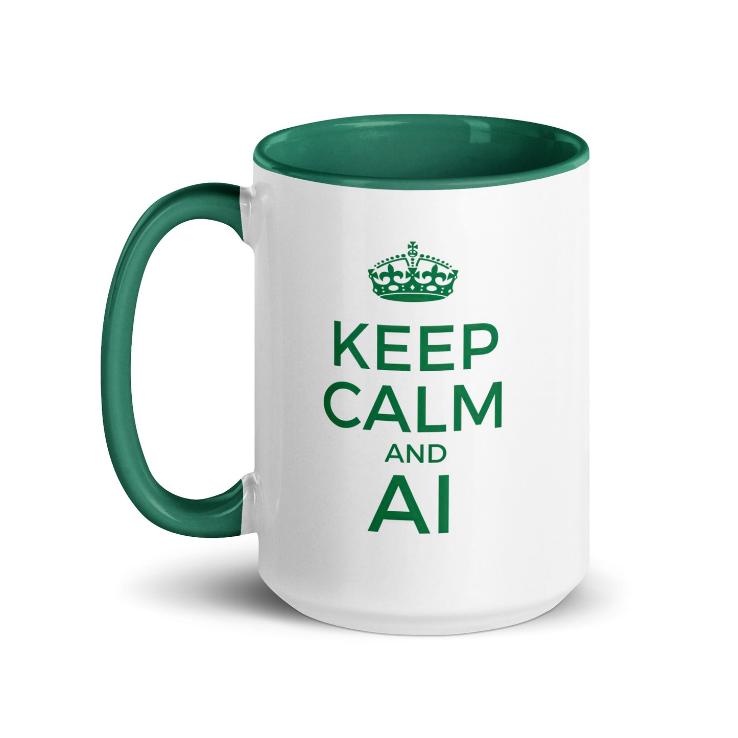 White with green color inside 15oz tech humor coffee mug with a vintage Keep Calm design that reads ‘Keep Calm and AI’.