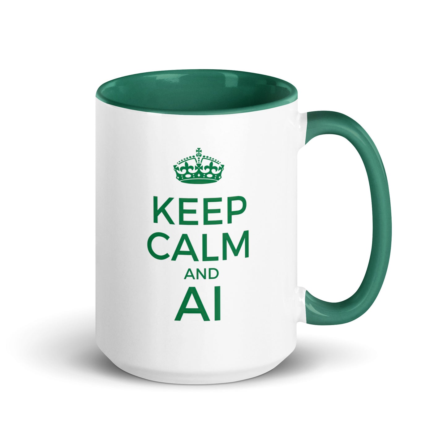 White with green color inside 15oz tech humor coffee mug with a vintage Keep Calm design that reads ‘Keep Calm and AI’.