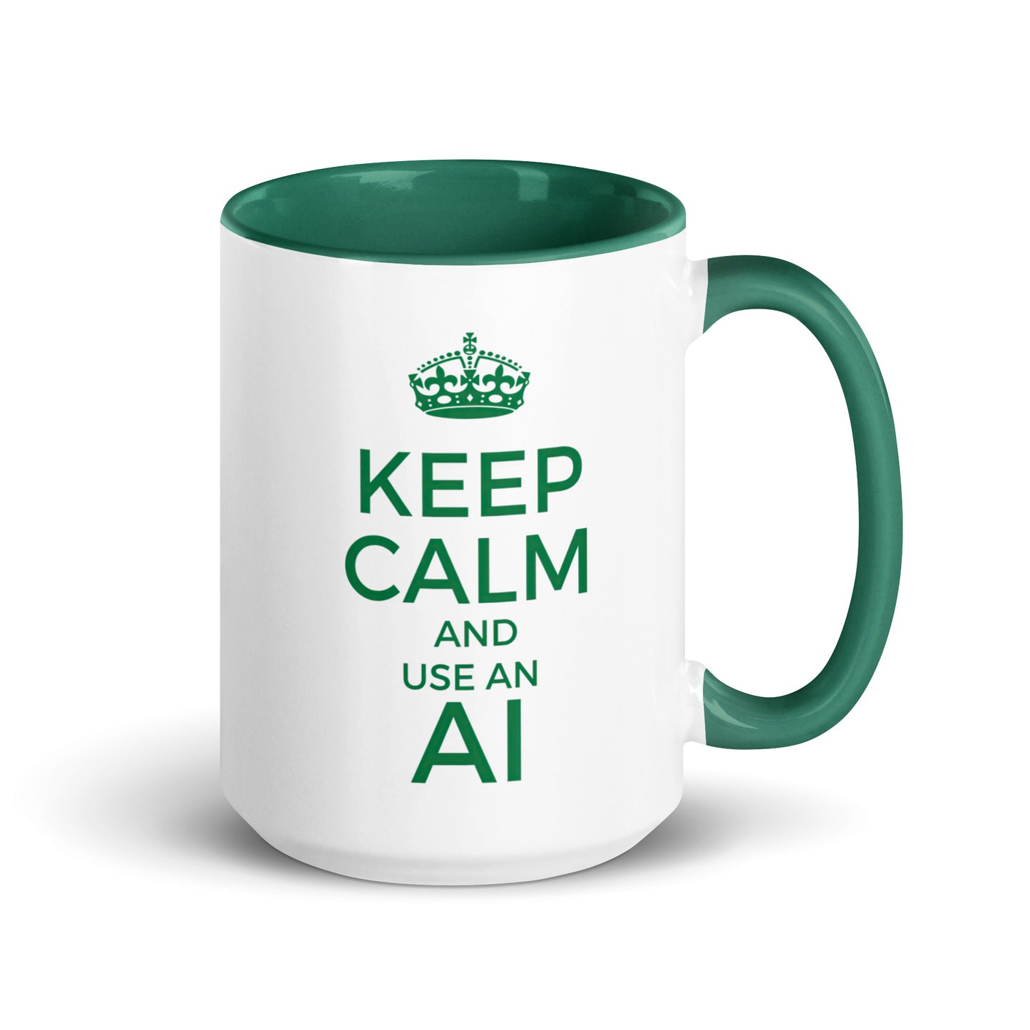 White with green color inside 15oz tech humor coffee mug with vintage Keep Calm design that reads ‘Keep Calm And Use An AI’.