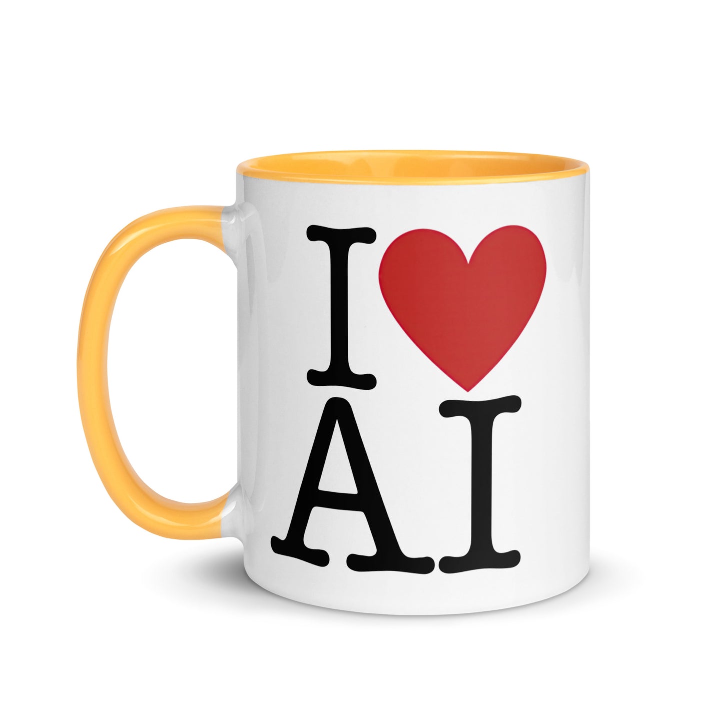 White with golden yellow color inside 11oz AI themed coffee mug with an I Love NY type slogan ‘I Love AI’ with handle on left.