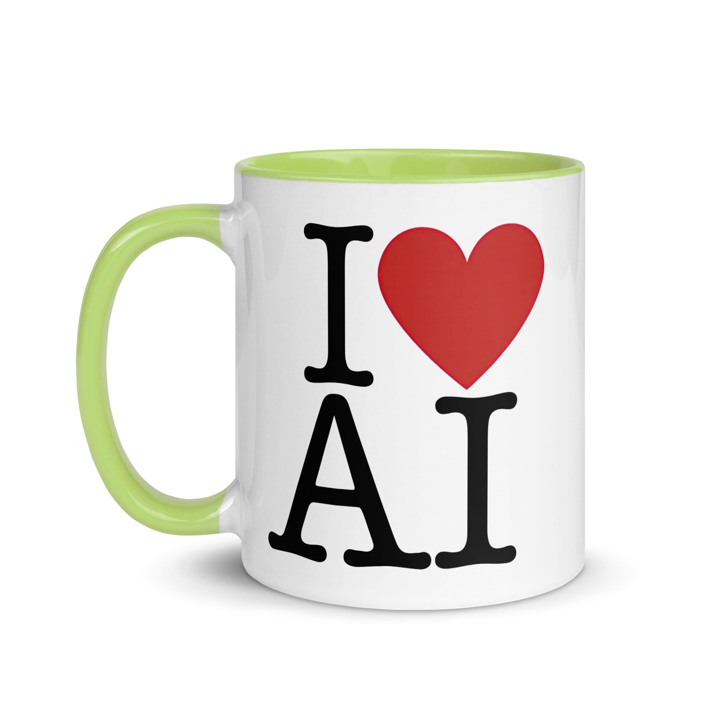 White with green color inside 11oz AI themed coffee mug with an I Love NY type slogan ‘I Love AI’ with handle on left.