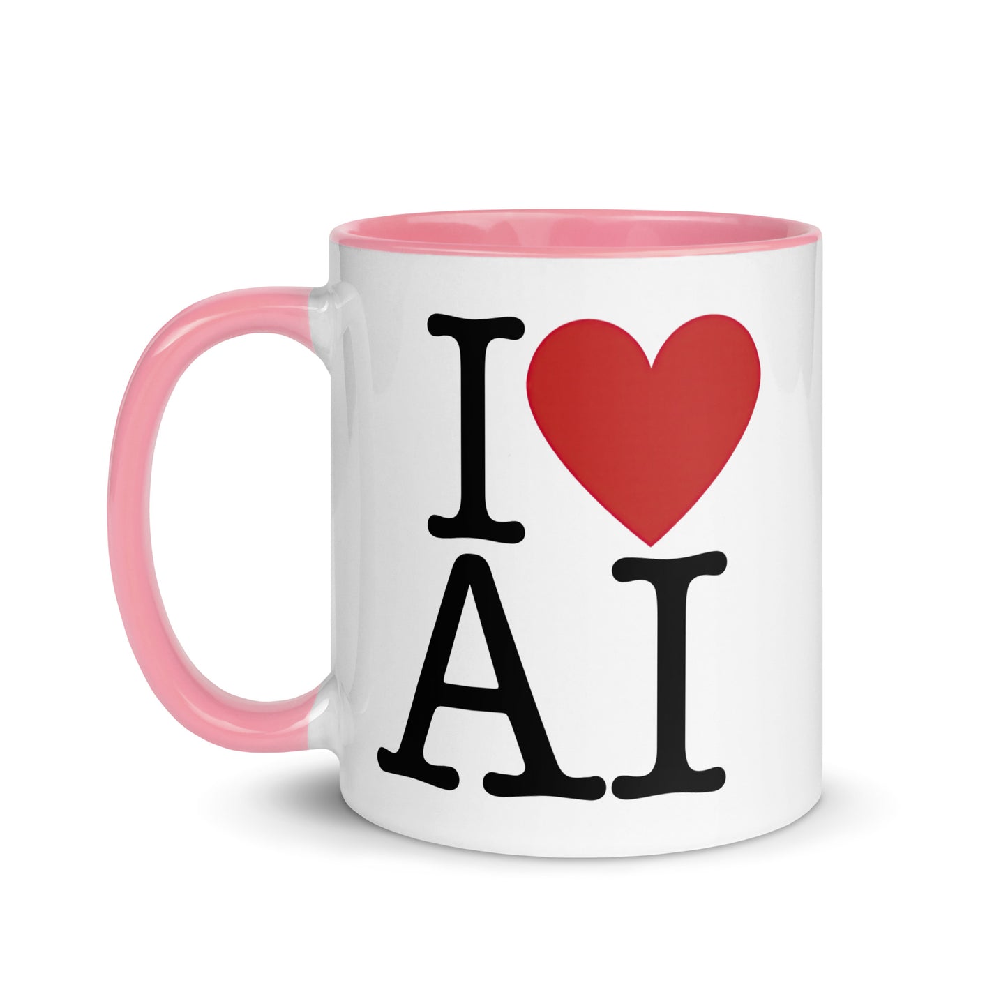White with pink color inside 11oz AI themed coffee mug with an I Love NY type slogan ‘I Love AI’ with handle on left.