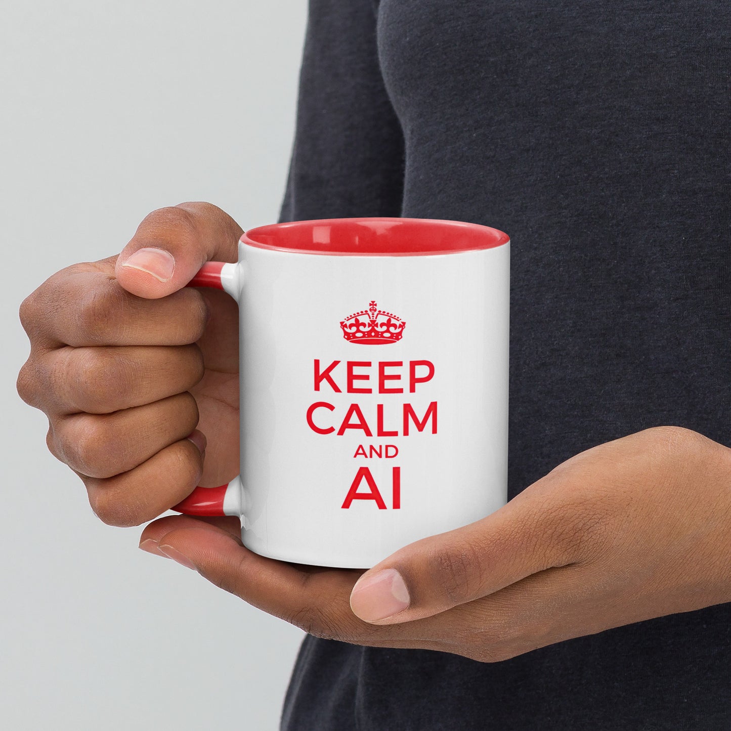 White with red color inside 11oz tech humor coffee mug with a vintage Keep Calm design that reads ‘Keep Calm and AI’.