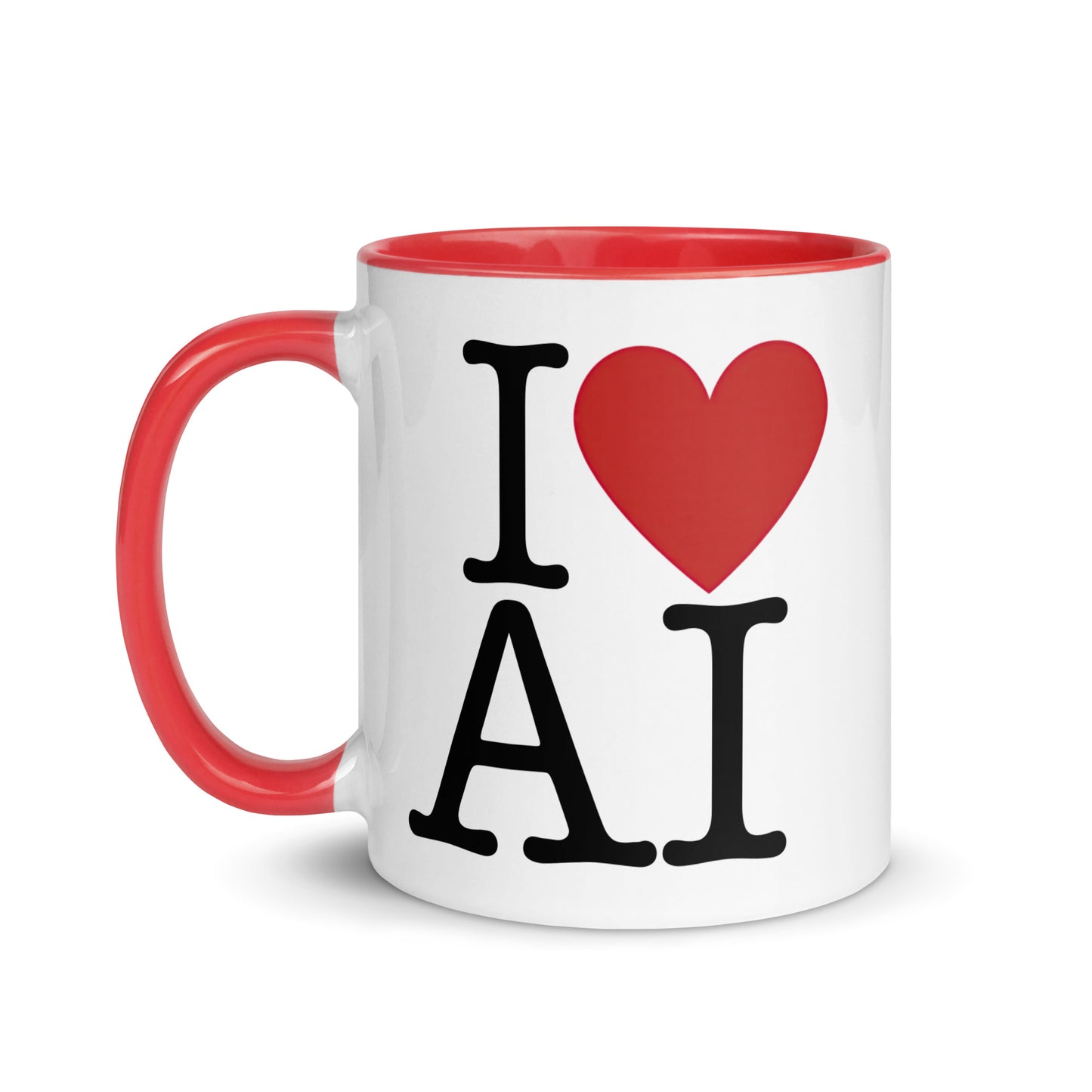 White with red color inside 11oz AI themed coffee mug with an I Love NY type slogan ‘I Love AI’ with handle on left.
