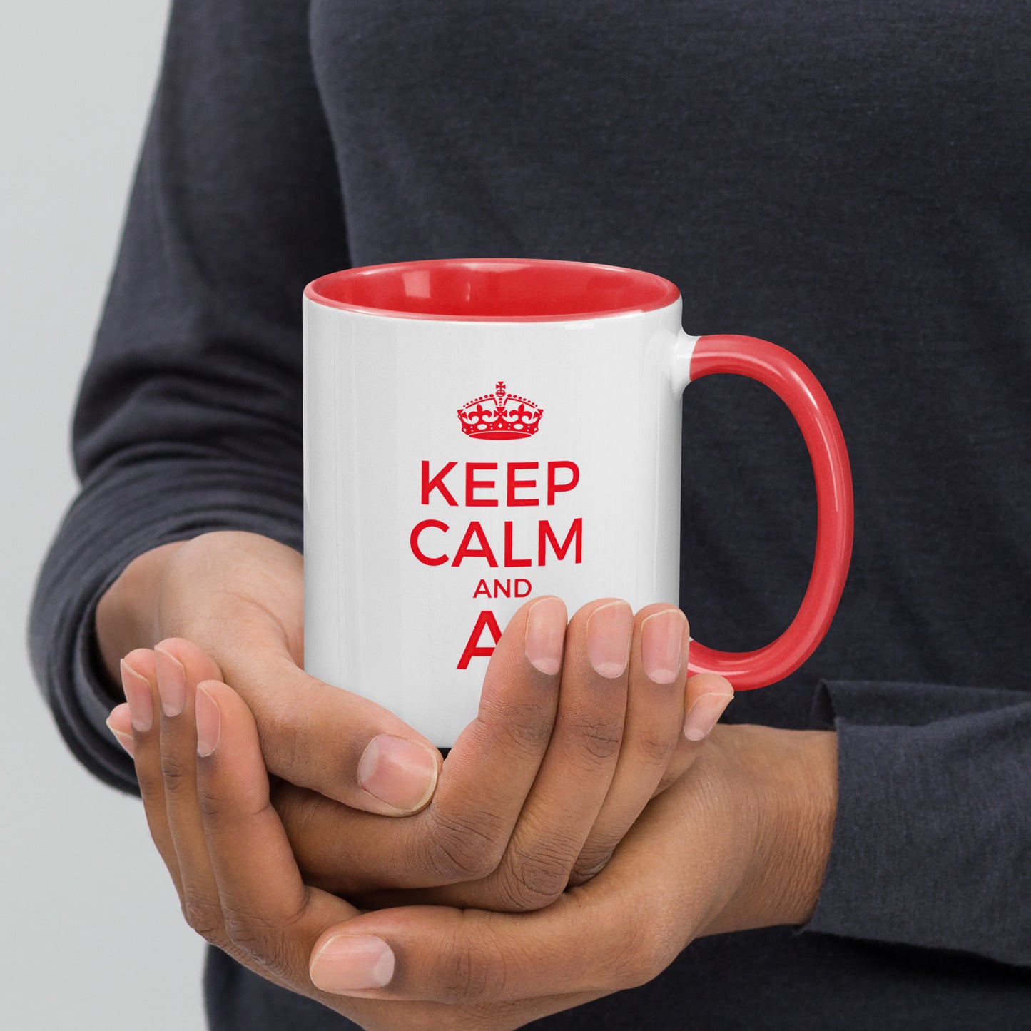 White with red color inside 11oz tech humor coffee mug with a vintage Keep Calm design that reads ‘Keep Calm and AI’.