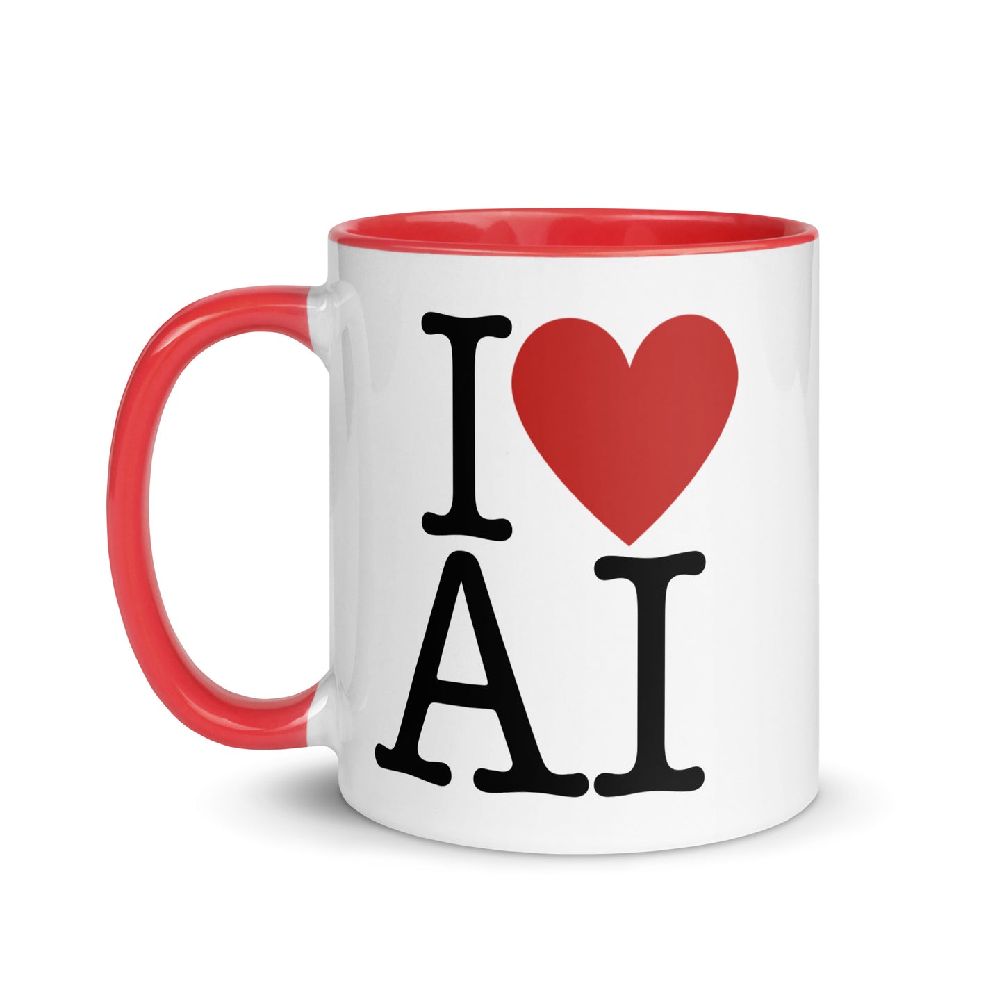 White with red color inside 11oz AI themed coffee mug with an I Love NY type slogan ‘I Love AI’ with handle on left.