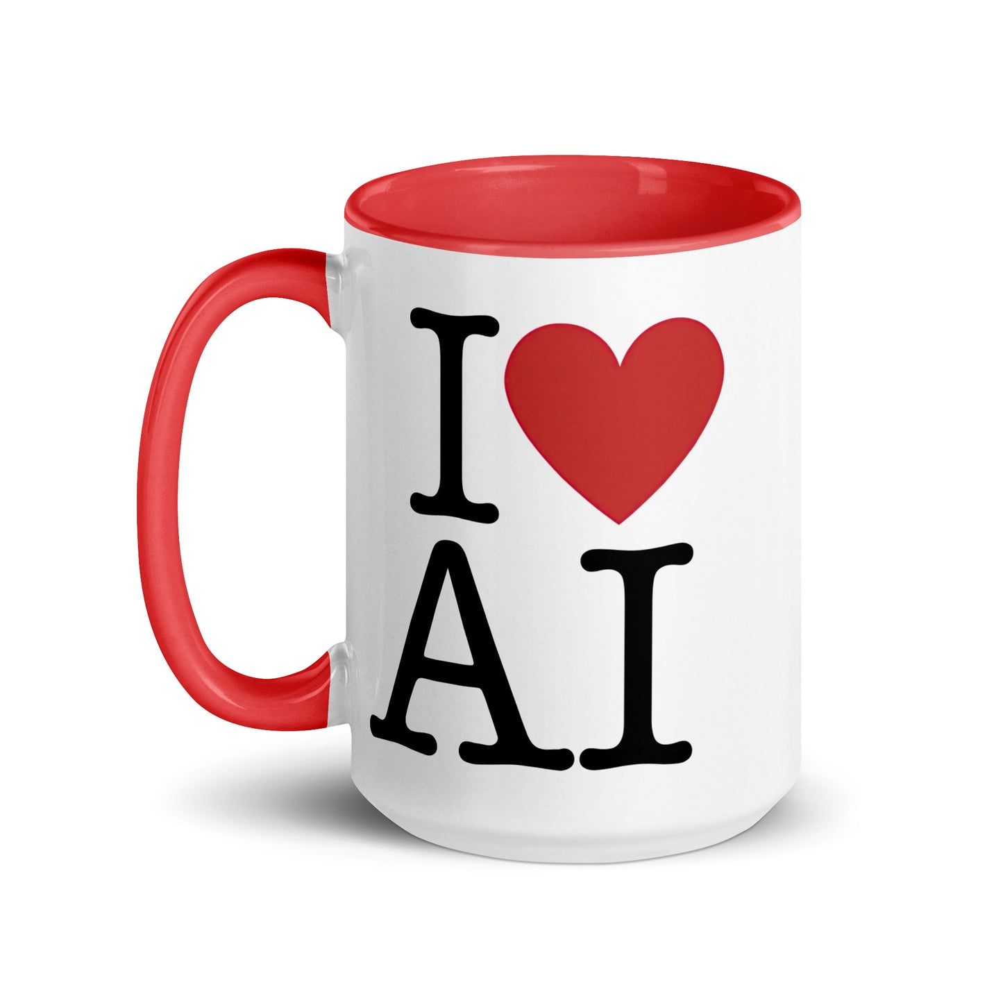 White with red color inside 15oz AI themed coffee mug with an I Love NY type slogan ‘I Love AI’ with handle on left.