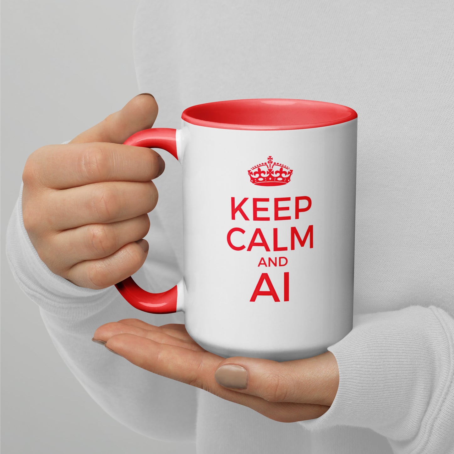 White with red color inside 15oz tech humor coffee mug with a vintage Keep Calm design that reads ‘Keep Calm and AI’.
