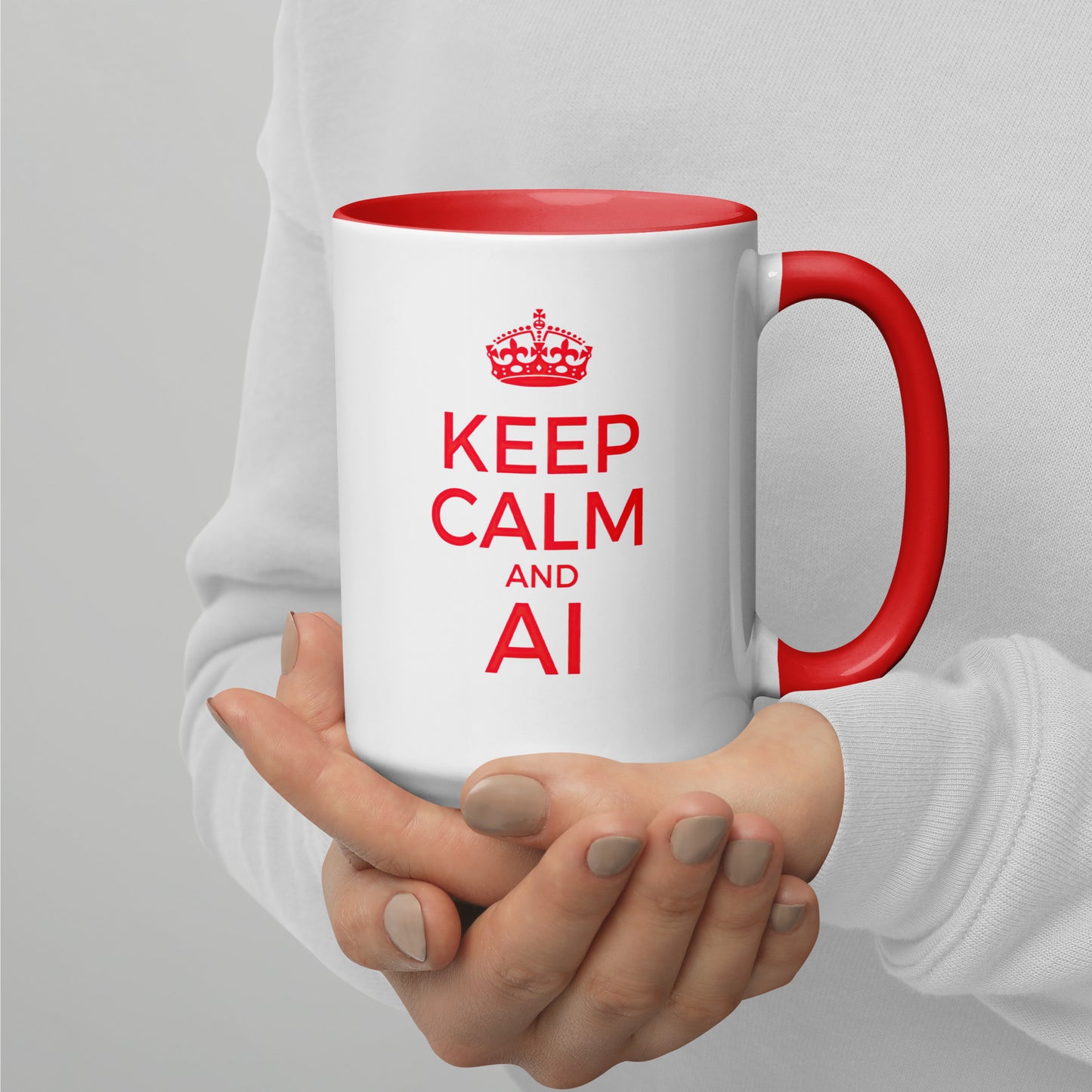 White with red color inside 15oz tech humor coffee mug with a vintage Keep Calm design that reads ‘Keep Calm and AI’.