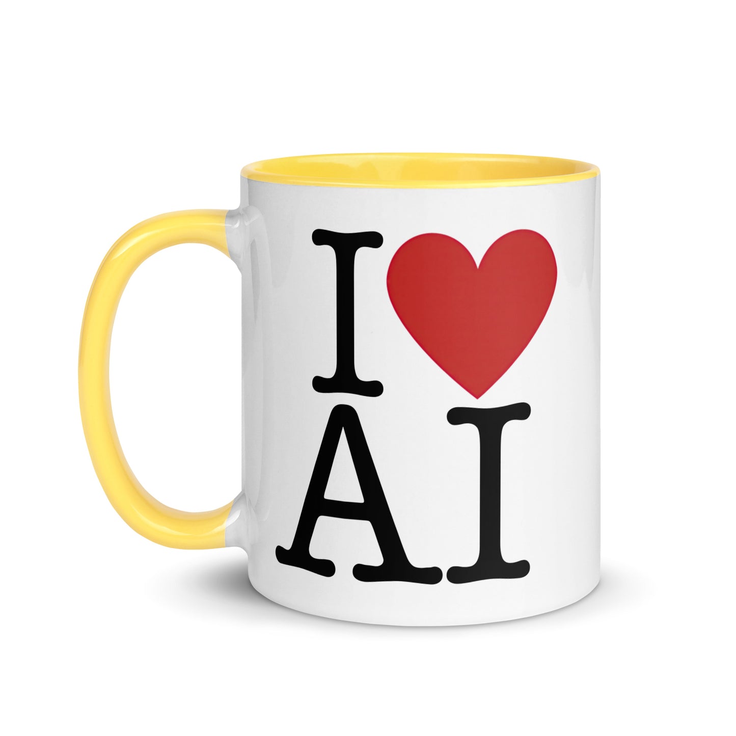 White with yellow color inside 11oz AI themed coffee mug with an I Love NY type slogan ‘I Love AI’ with handle on left.