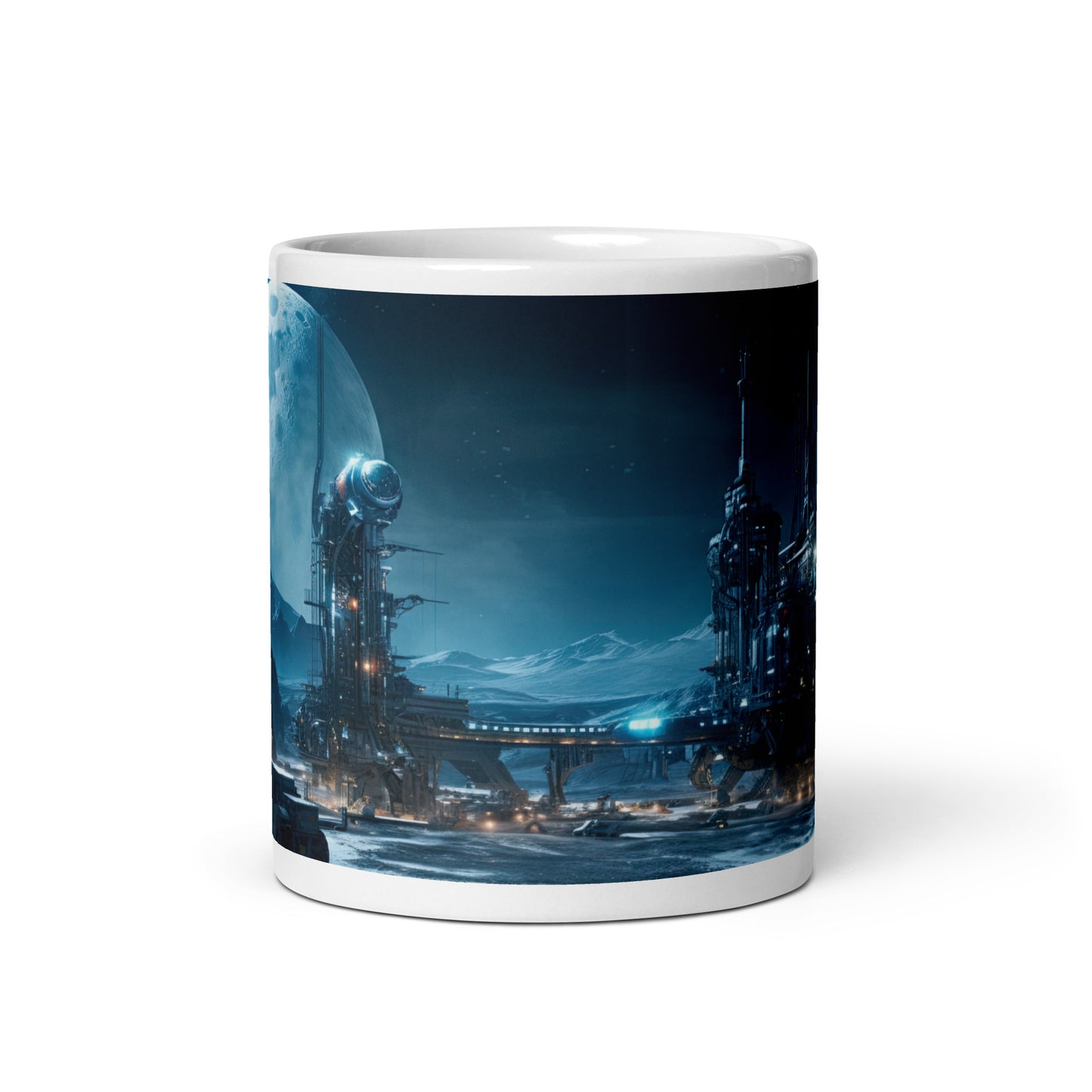 White 11oz sci-fi themed coffee mug with full wrap design of a moon mining operation.