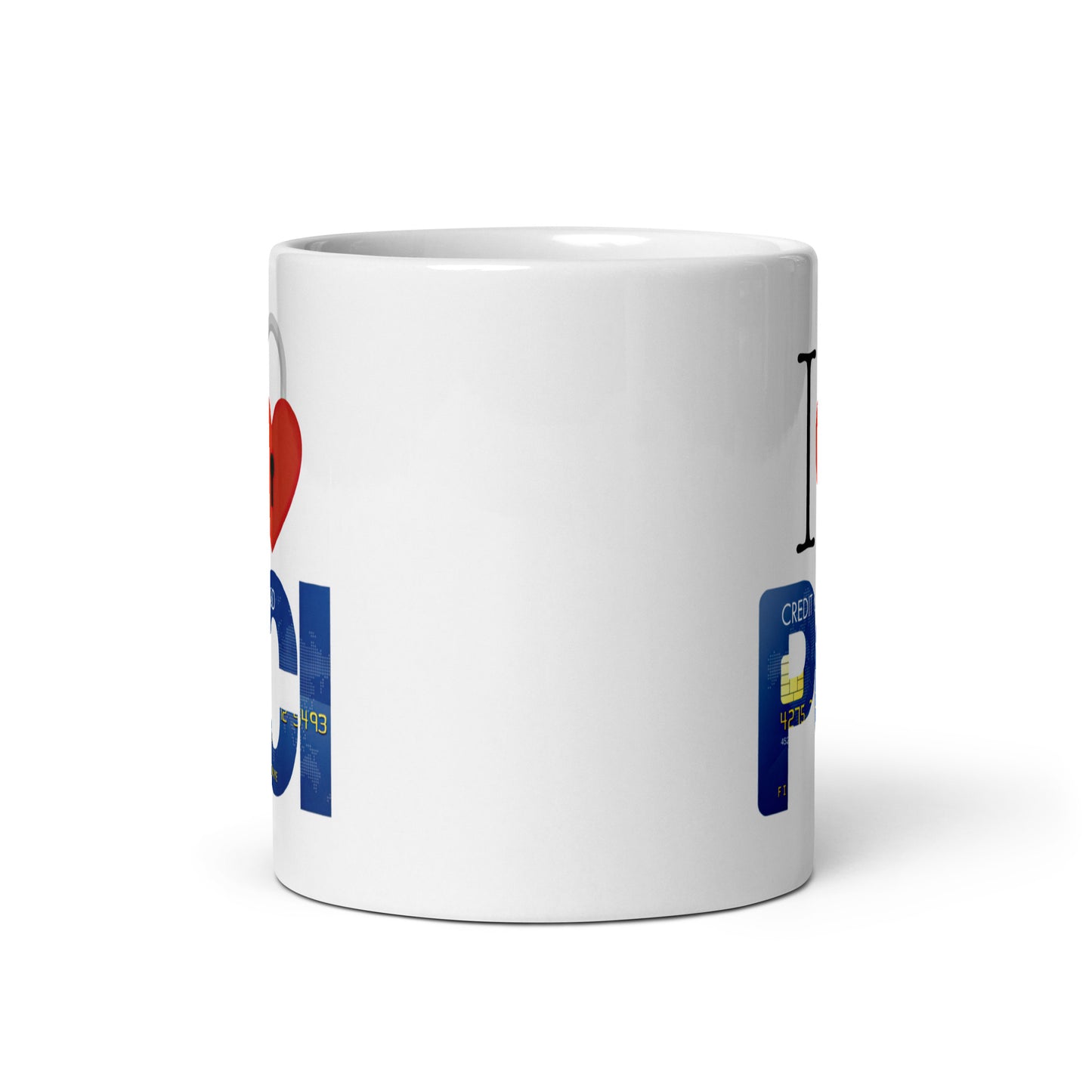 White 11oz tech humor coffee mug with an I Love NY style design that reads ‘I Love PCI’