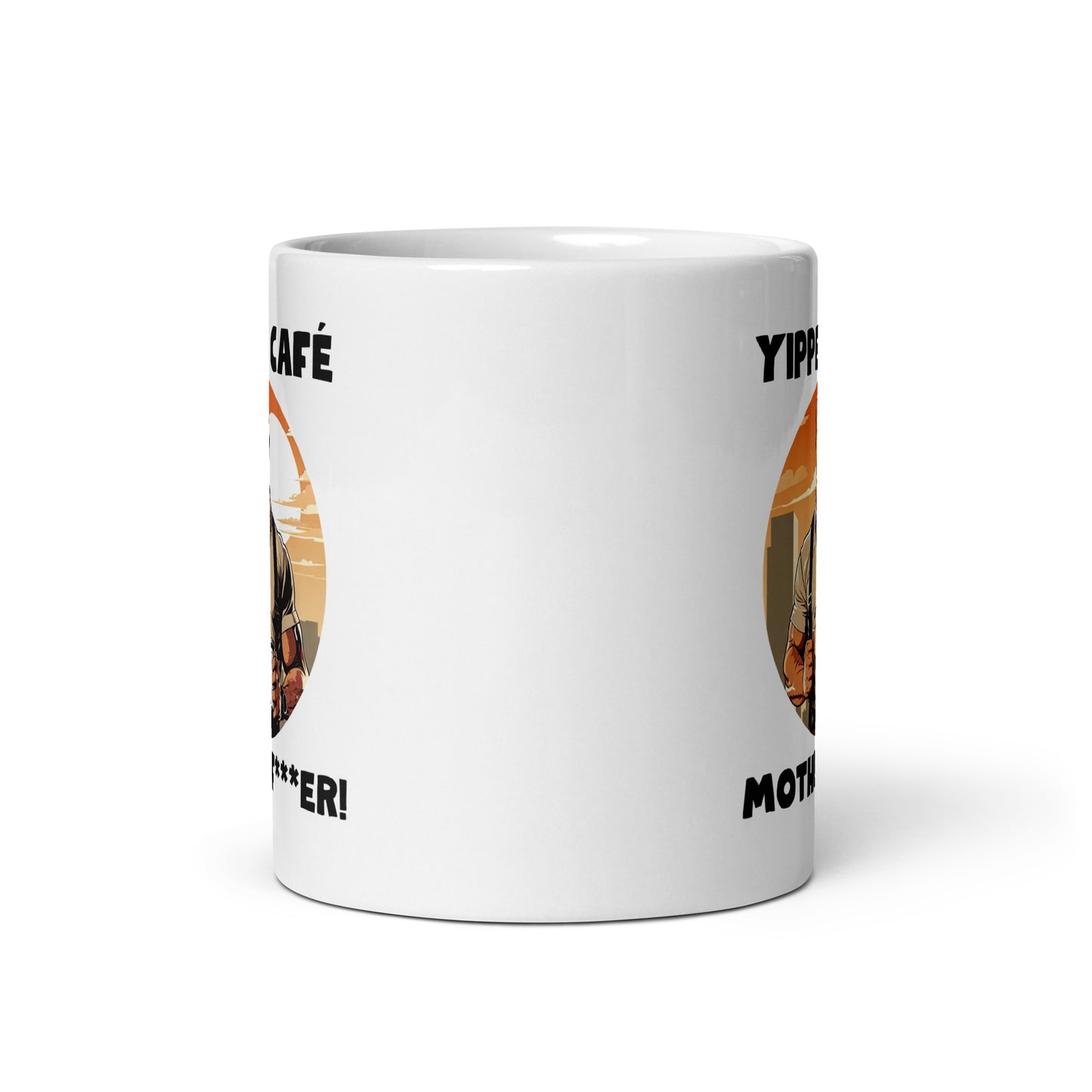 White 11oz retro coffee mug with an 80s Die Hard cop holding a coffee mug and slogan that says, ‘Yippee Cafe Motherfu*ker!’