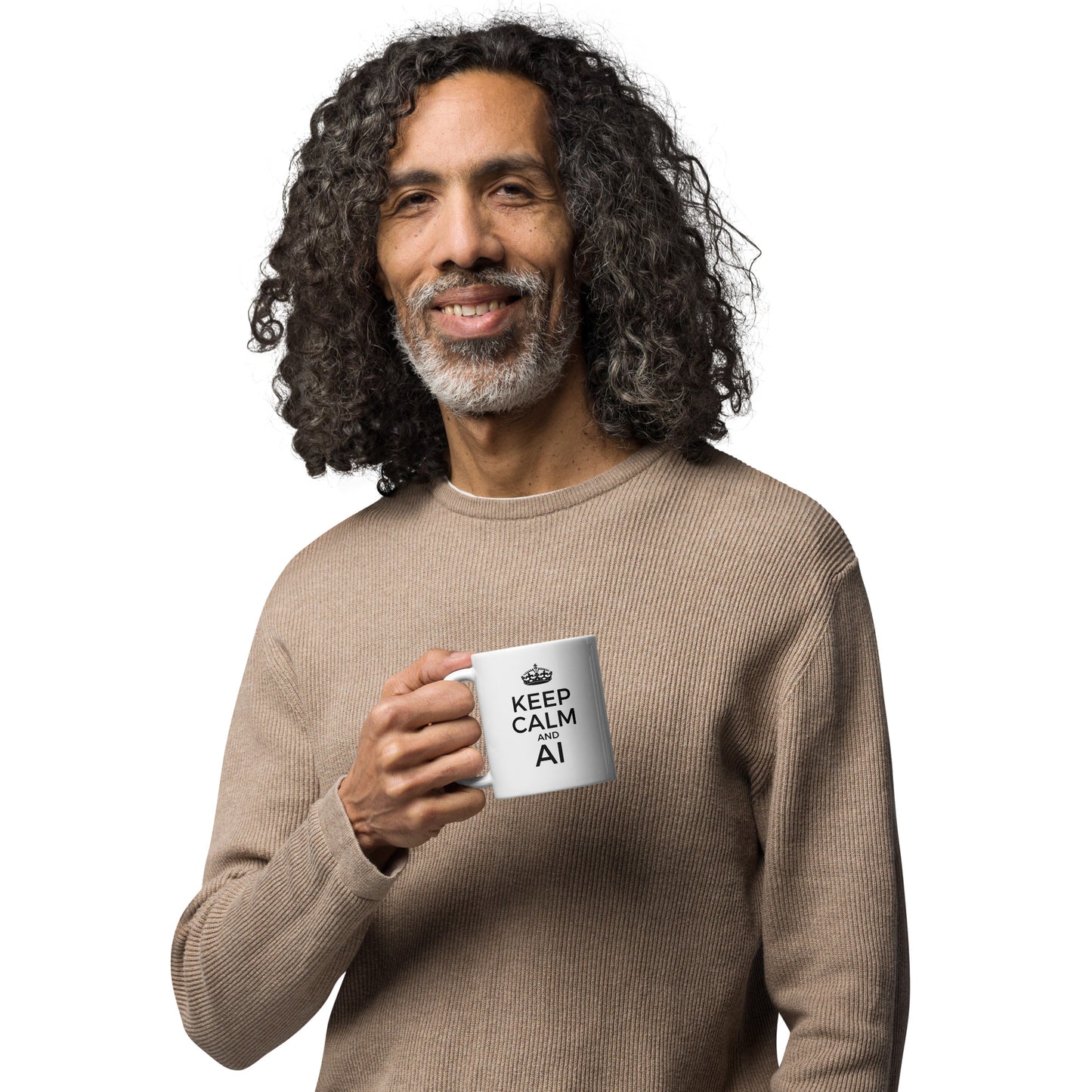White 11oz tech humor coffee mug with a vintage Keep Calm design that reads ‘Keep Calm and AI’ with handle on left.