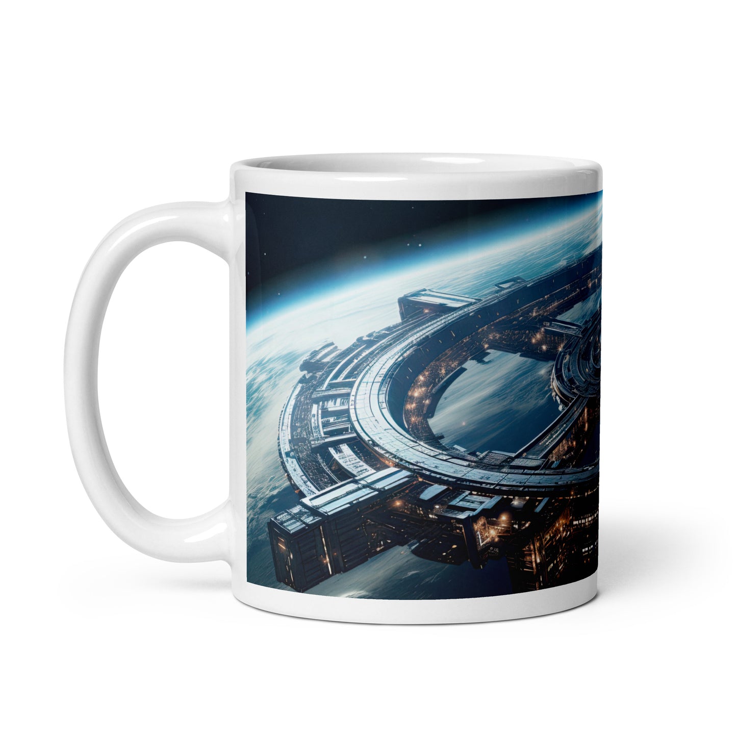 White 11oz sci-fi coffee mug with a full wrap hi-def design of a space station hovering in orbit with handle on the left.