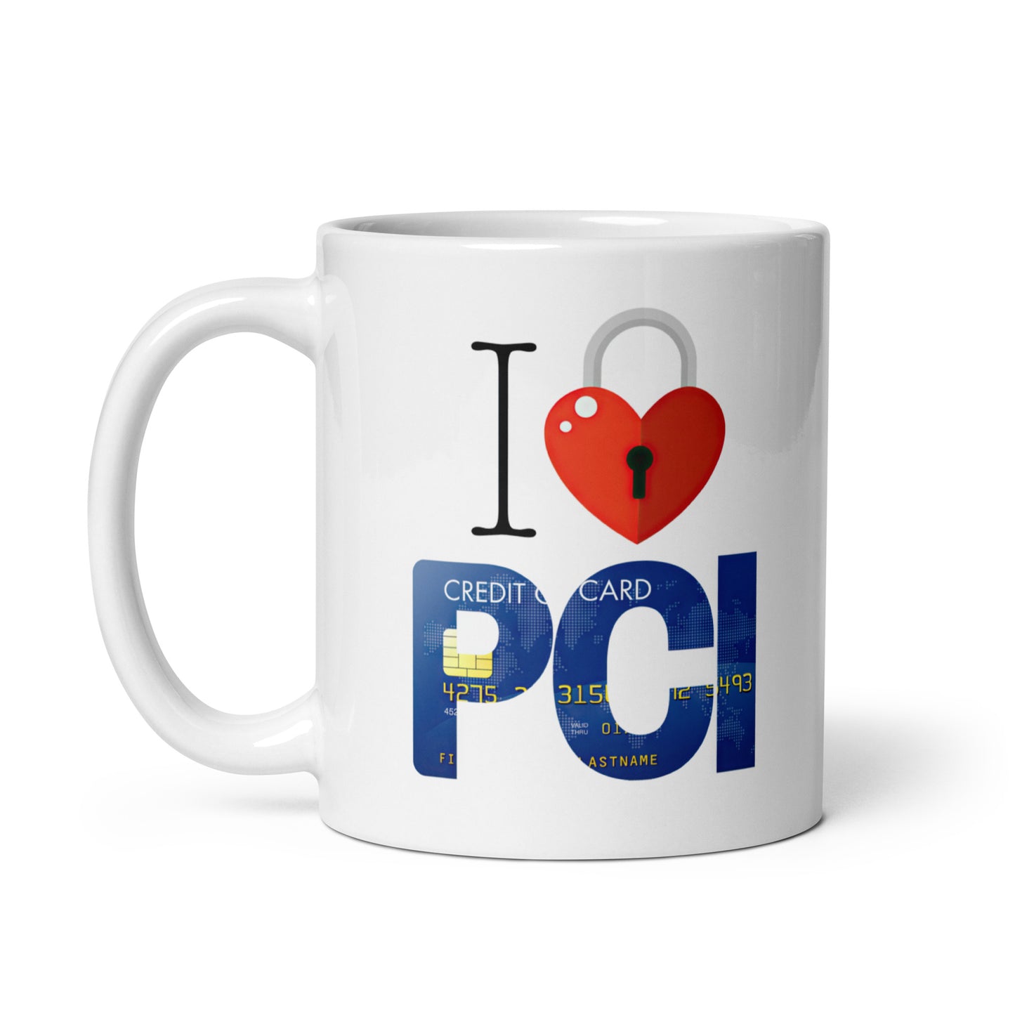 White 11oz tech humor coffee mug with an I Love NY style design that reads ‘I Love PCI’ with handle on left.