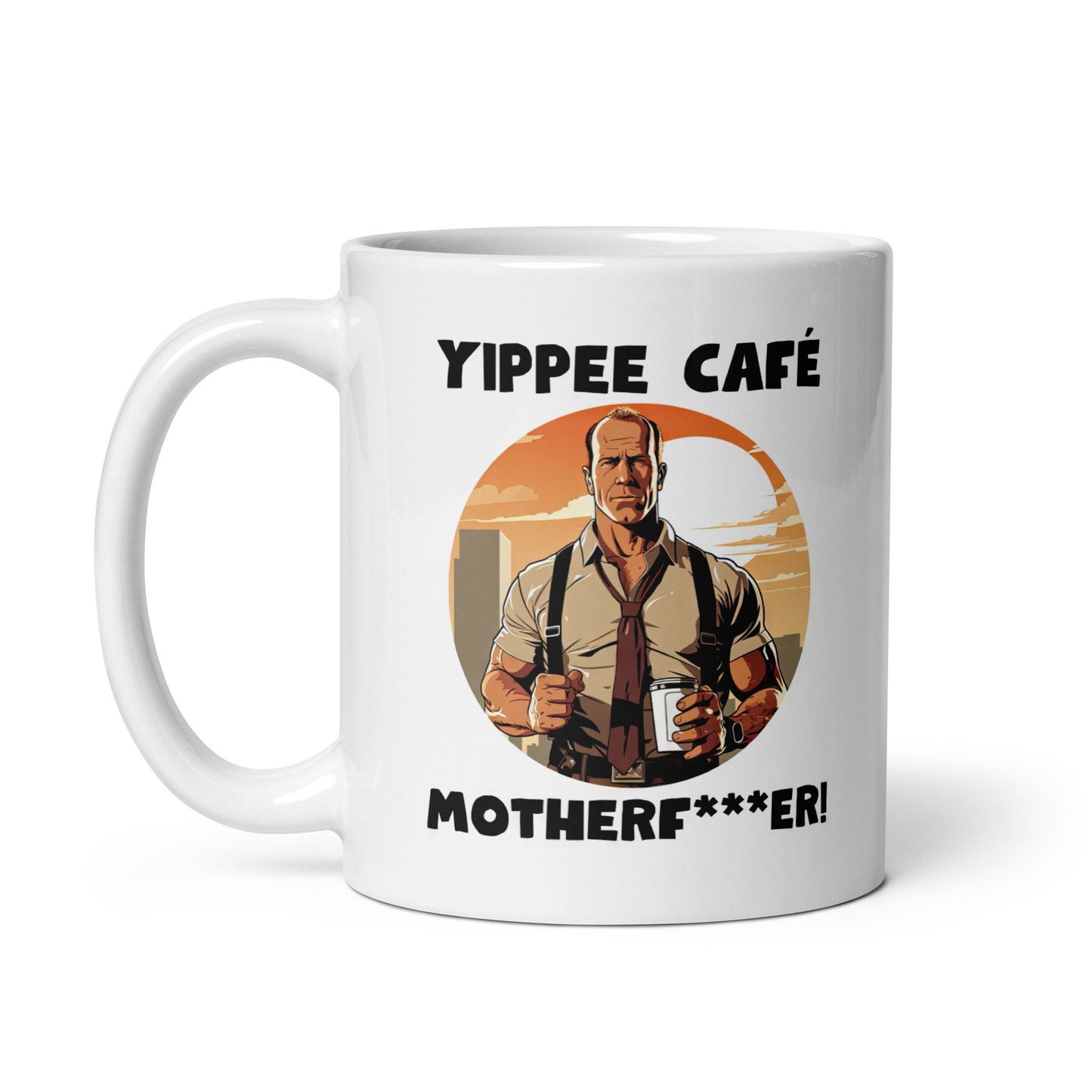 White 11oz retro coffee mug with an 80s Die Hard cop holding a coffee mug and slogan that says, ‘Yippee Cafe Motherfu*ker!’