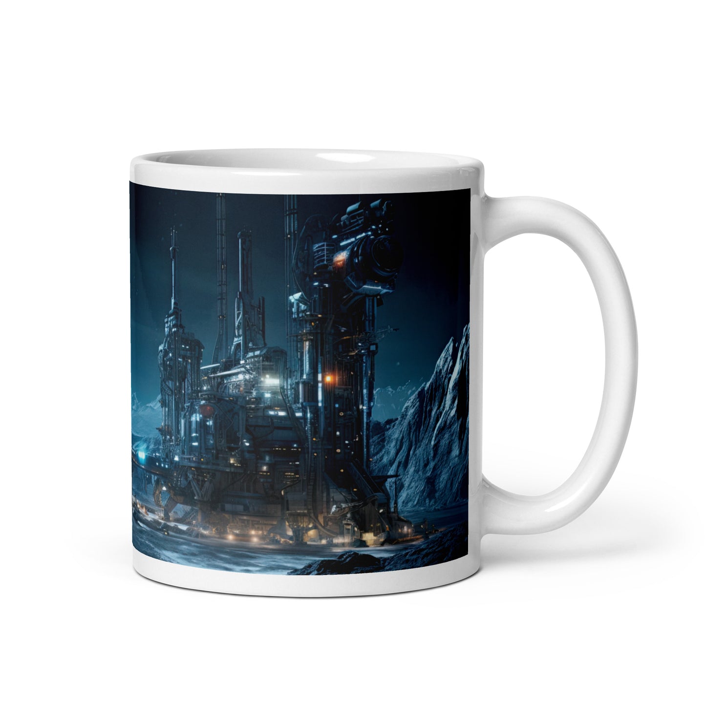 White 11oz sci-fi themed coffee mug with full wrap design of a moon mining operation with handle on left.