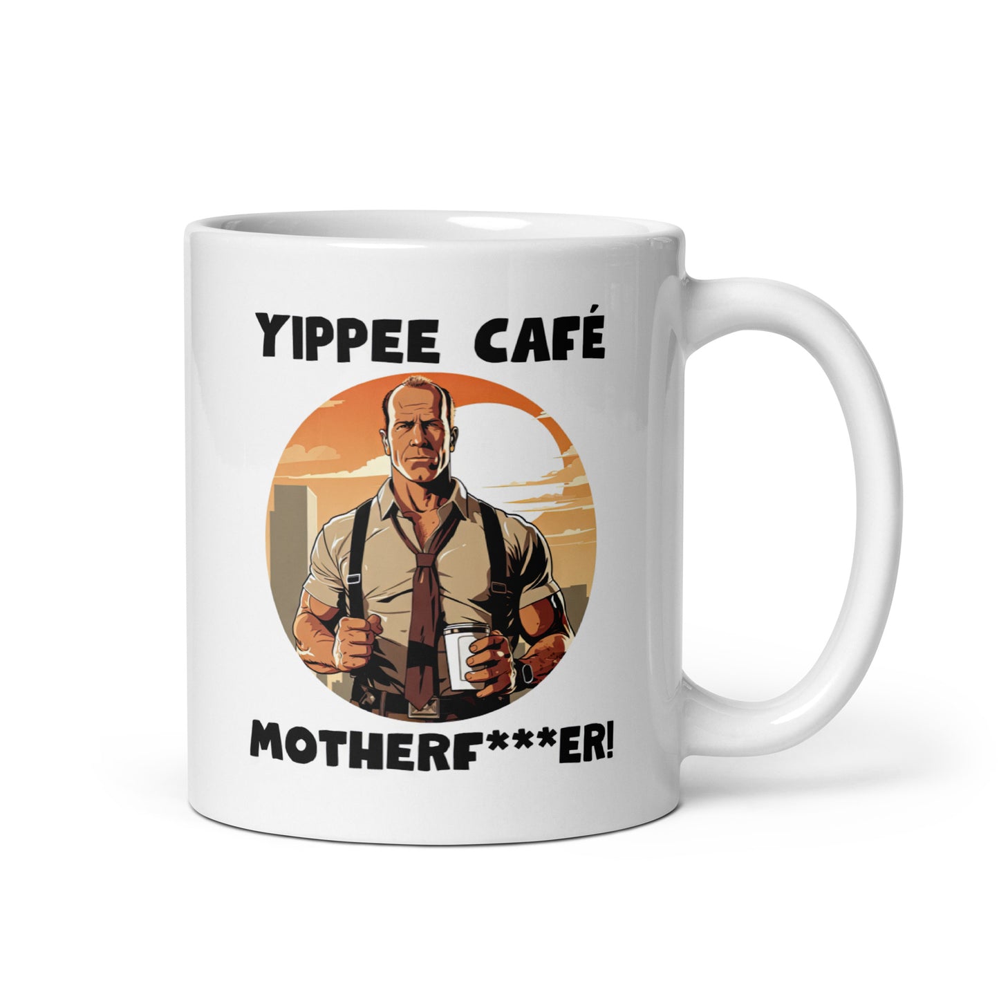 White 11oz retro coffee mug with an 80s Die Hard cop holding a coffee mug and slogan that says, ‘Yippee Cafe Motherfu*ker!’