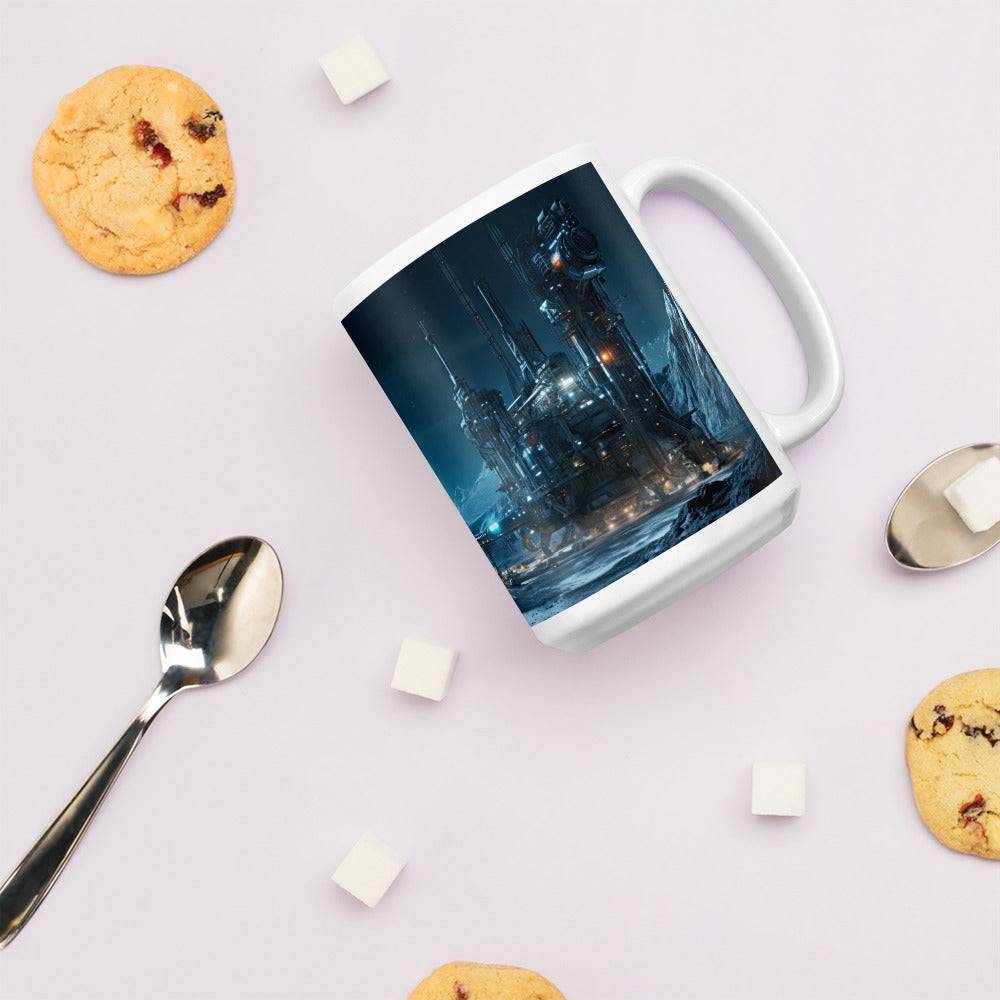 White 15oz sci-fi themed coffee mug with full wrap design of a moon mining operation with handle on right.