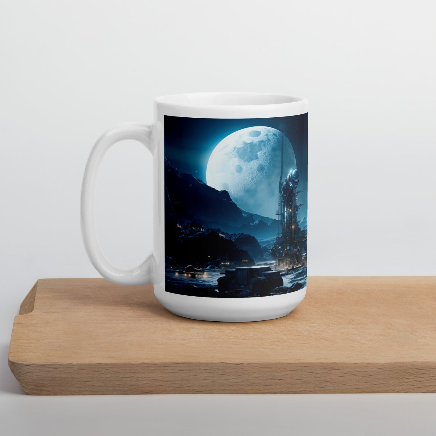 White 15oz sci-fi themed coffee mug with full wrap design of a moon mining operation with handle on left.